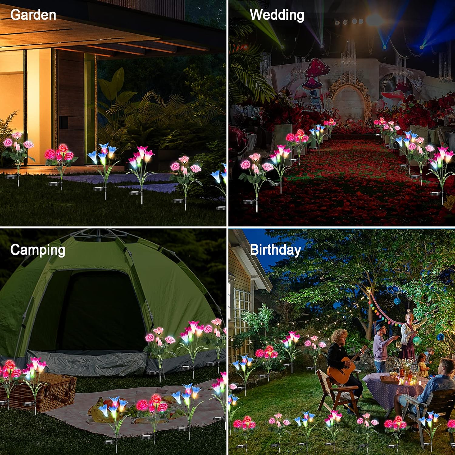 Outdoor Solar Garden Stake Lights, Solar Powered Light with 5 Rose and 4 Lily Flower, Solar Pathway Lights for Outdoor, Decorative, Party, Festival, Christmas, Patio Courtyard Lawn (4 Pack) image number 5