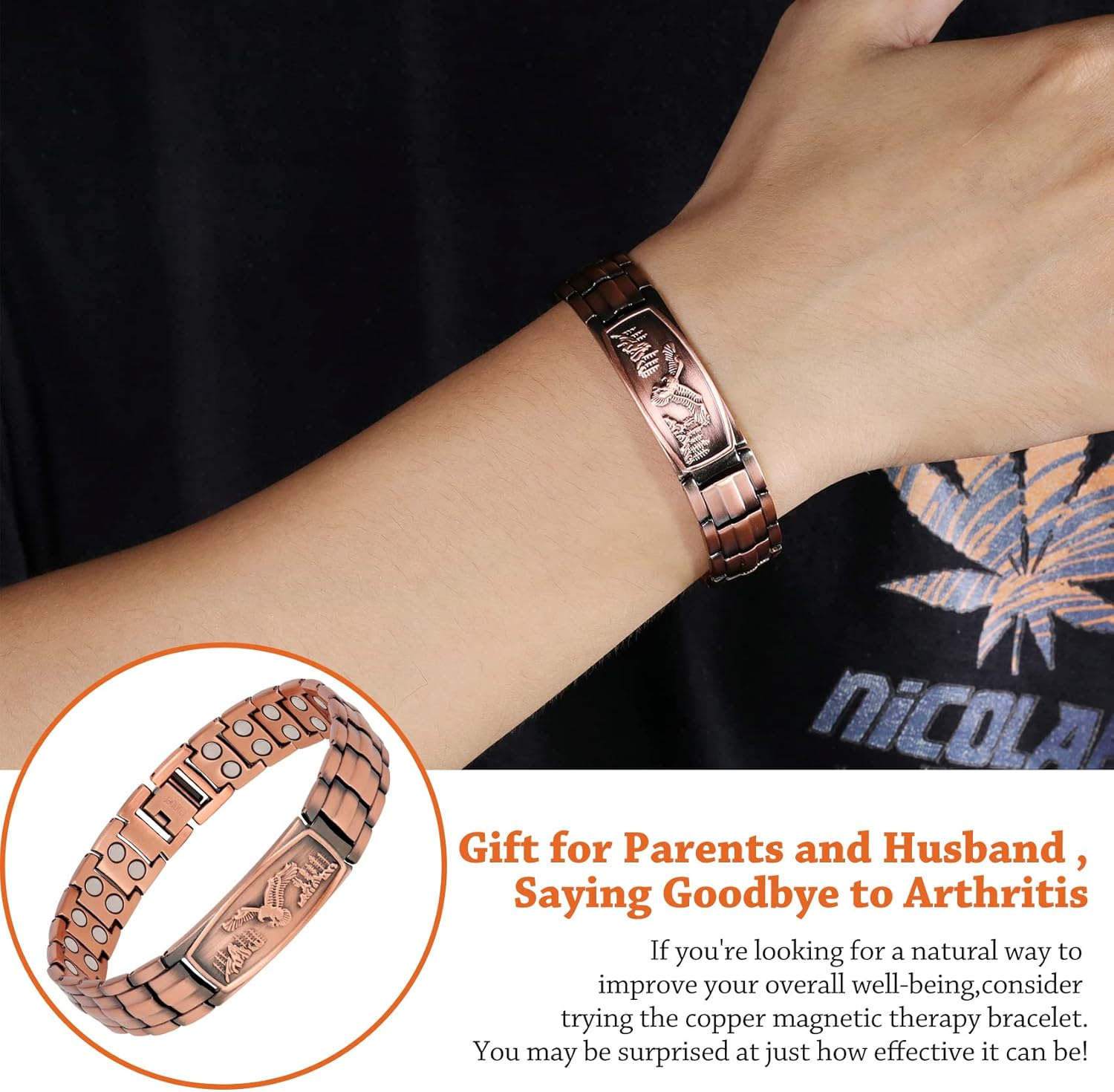Feraco Lymph Detox Magnetic Bracelet Lymph Drainage Pure Copper Bracelet for Men with Ultra Strength Therapy Magnets for Arthritis Pain & Carpal Tunnel Healing Eagle Pattern Adjustable image number 6