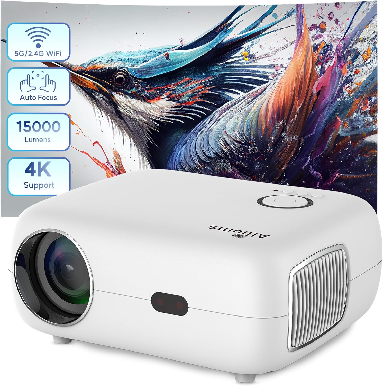 Projector Auto Focus, Auto Keystone Portable Native 1080P Full HD, 16000 Lumens,10W Hi-Fi Speakers, 300 Inch Display, 5G/2.4G Wi-Fi, 5.2 Bluetooth, Home Theater & Gaming, White