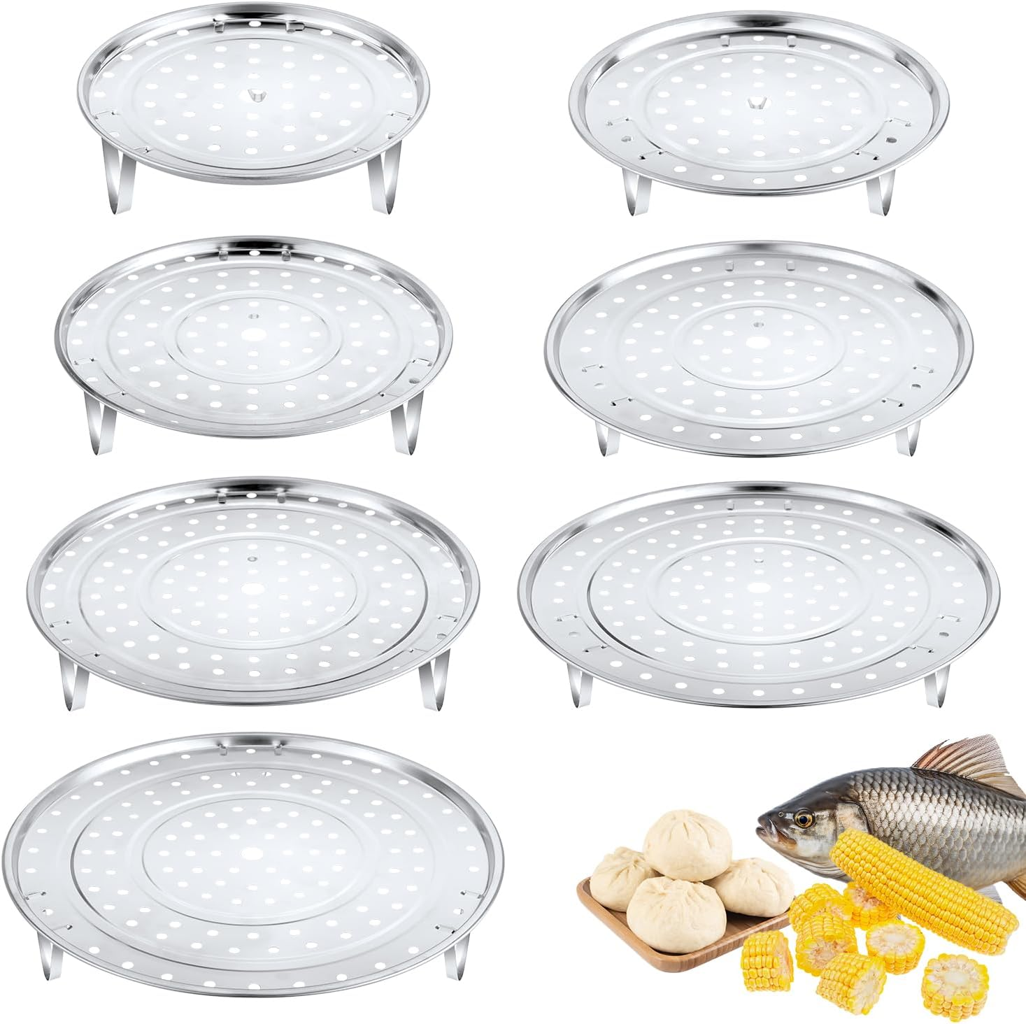 7Pcs Steamer Baskets, Stainless Steel Baking Cooling Steaming Rack round Pot Cooking Rack Stand Holder Multi-Purpose Removable Steam Tray for Air Fryer Instant Pots Cookware Food (7 Sizes, Silver) image number 6