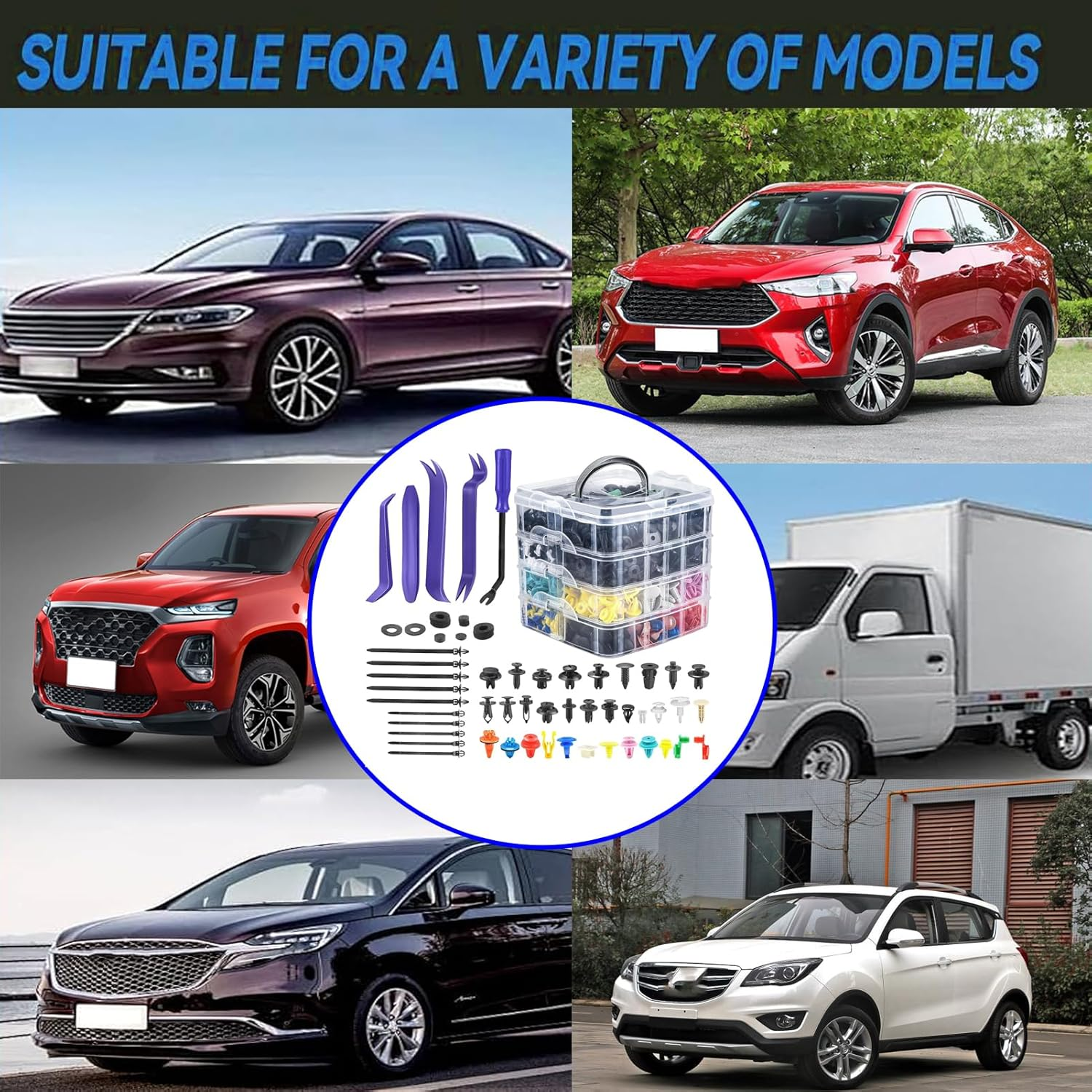 1240Pcs Car Retainer Clips Auto Fasteners Assortment Kit,32 Universal Sizes Nylon Bumper, Fender Rivets and Door Panel Clips,With 10 Cable Ties and Removal Tool,Universal for All Cars, Blue image number 3