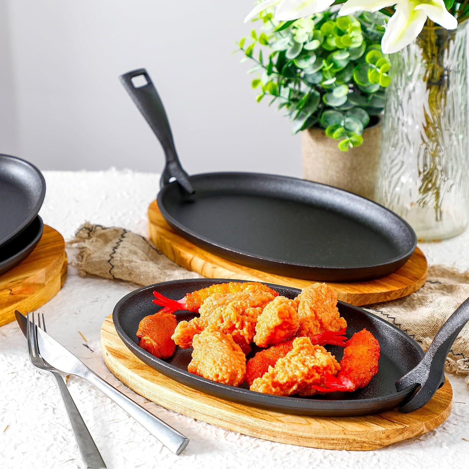 Cast Iron Skillet Set 10.63'' X 6.89'', Fajita Plate Sizzling Pan with Wooden Base anti Scald Protection Removable Handle for Restaurant Kitchen Cooking Accessory BBQ Party, XICEN Steak Pan (4 PCS) image number 1