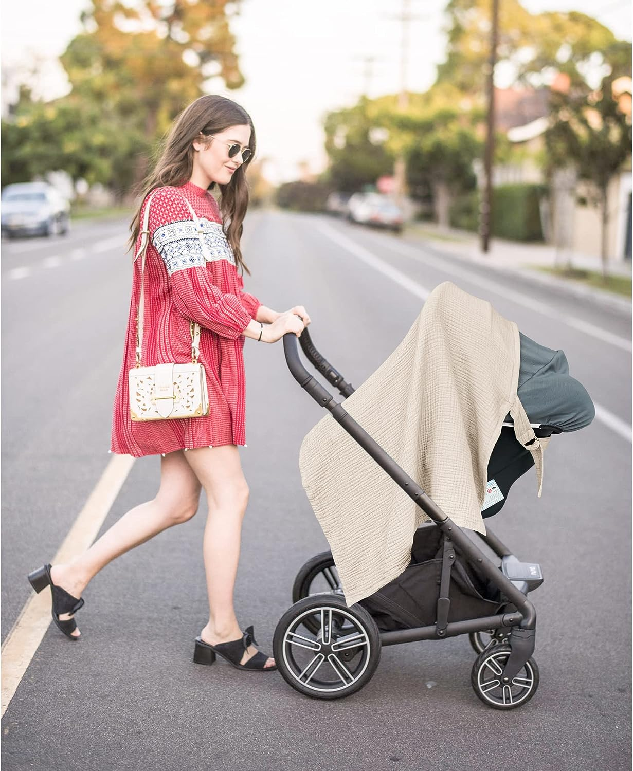 Muslin Nursing Cover for Baby Breastfeeding, Breathable Cotton Breastfeeding Covers with Rigid Hoop for Mother Nursing Apron, Multi-Use as Car Seat Canopy and Stroller Cover(Color:Khaki) image number 6