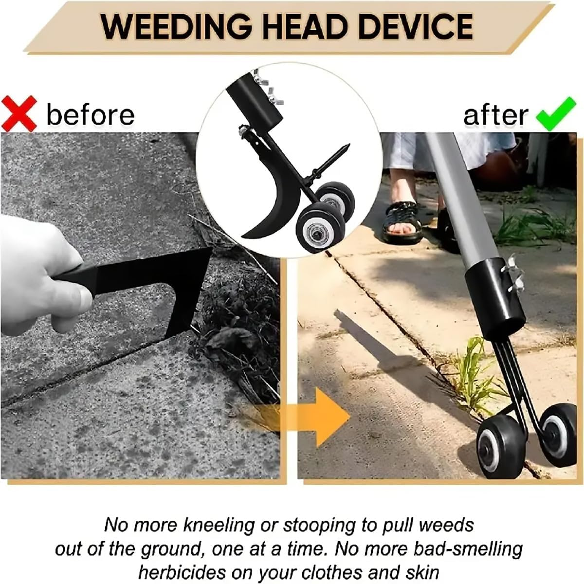 AIMALL 7.64In X 4.33In Carbon Steel Garden Crevice Weeding Tool with 1.2M Detachable Handle Hook and Roller Combo for Pavement Gap Loosening and Fast Weed Removal image number 3