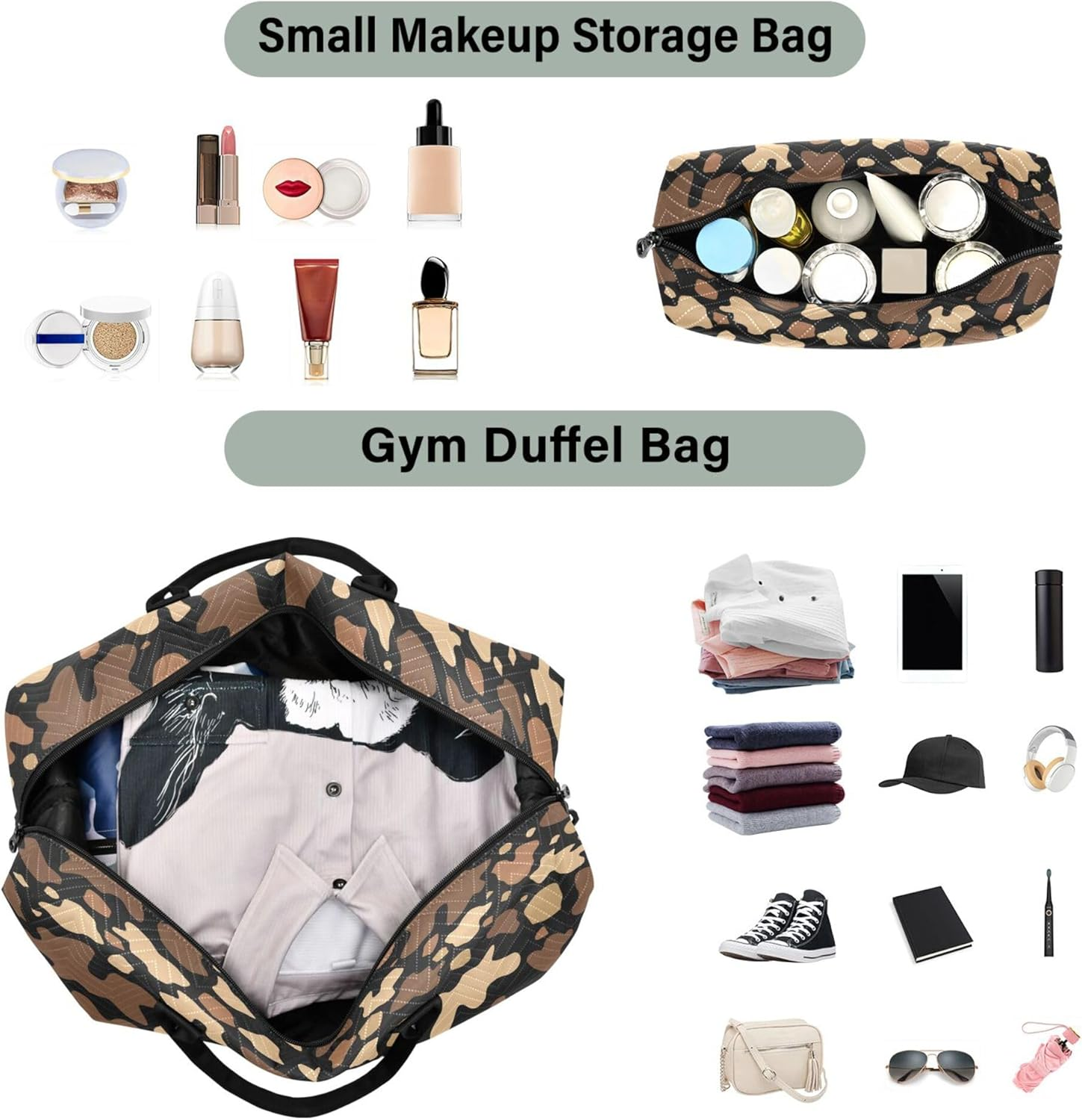 Large Bag Travel Tote Gym Bag Travel Weekender Gear Bag with Toiletry Bag for Hiking Multifunctional Brown Color Cowhide Frame Pattern, Multi, 1 Size, Multi, 1 Size image number 3