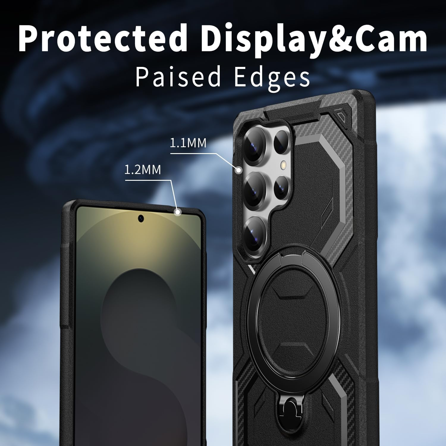 Asuwish Phone Case for Samsung Galaxy S24 Ultra 5G with Tempered Glass Screen Protector Cover and Magnetic Ring Holder Stand Cell Accessories S24Ultra 24S S 24 24Ultra Women Men Carbon Fiber Black image number 6