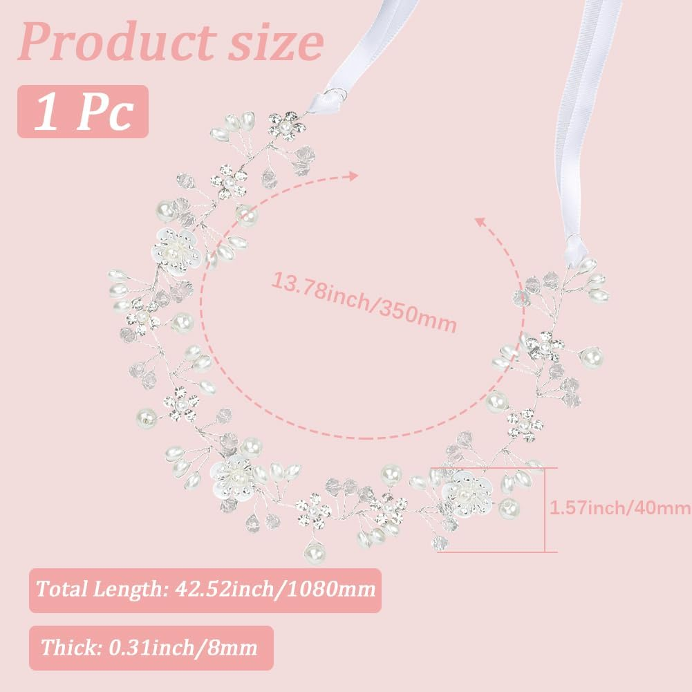 CABODYALS White Flower Pearls Hair Crown Silver Beads Vines Headpiece Vintage Boho Fairy Beads Headband Crystal Bridal Jewellery Headbands for Women Wedding Hair Dresses Birthday Party Accessories image number 6