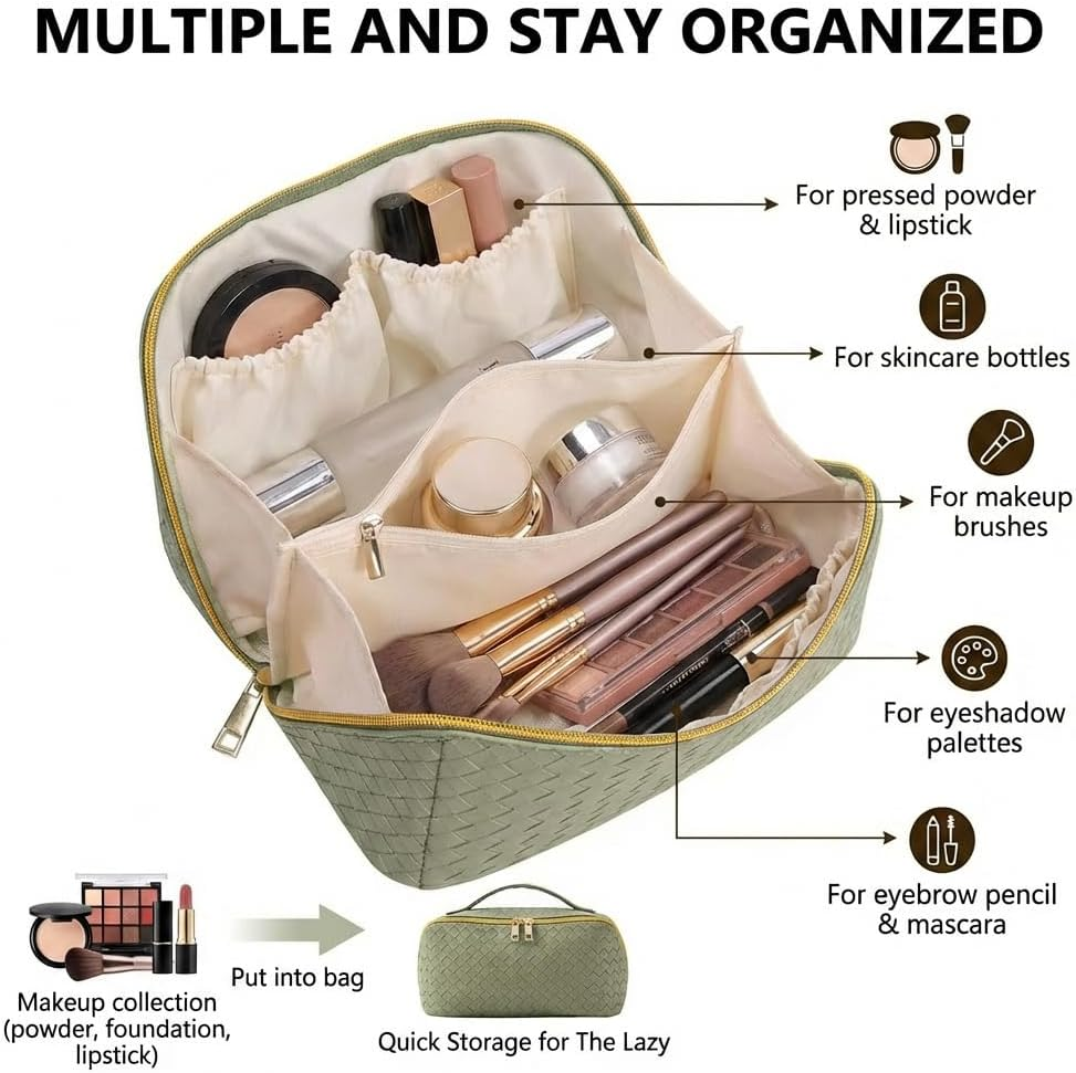 Large Capacity Makeup Bag with Handle & Dividers | Wide-Open Waterproof Travel Cosmetic Organiser for Women Toiletry Bag for Makeup Brushes & Beauty Essentials (Green) - Black image number 6