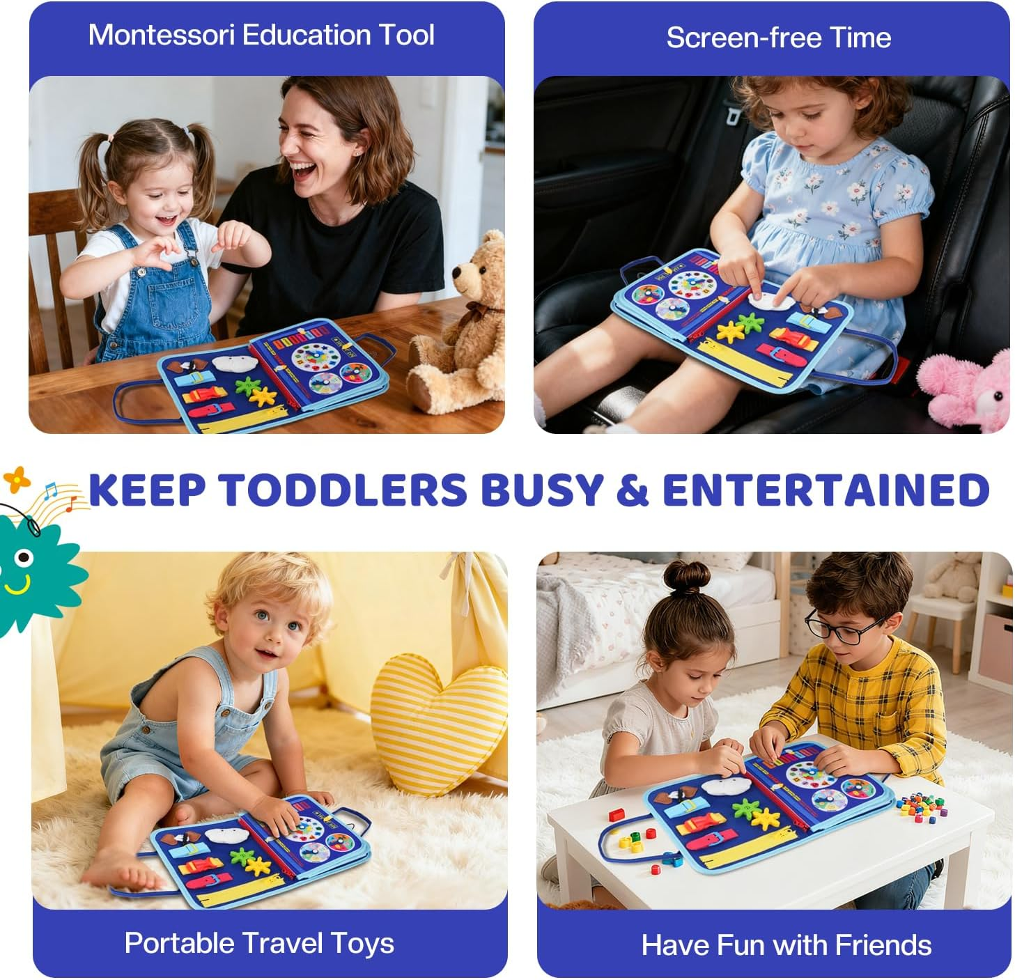 Xkimos Busy Board, Toddler Busy Board Montessori, Toddler Sensory Toys Preschool Educational Busy Book Travel for Toddlers 3 4 5 Year Old Girls Boys Plane Car Activities Baby Quiet Book (Blue) image number 4