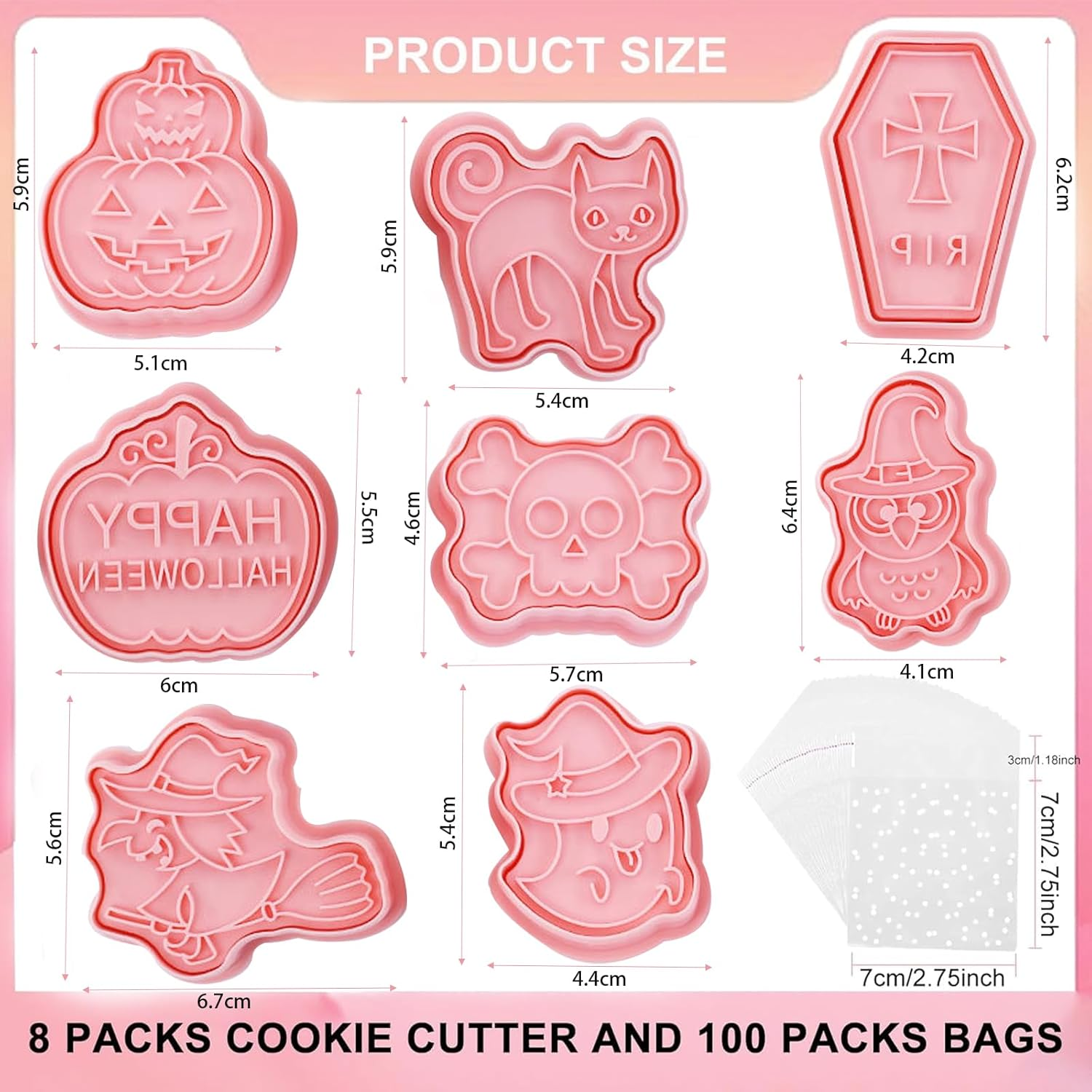 108Pcs Halloween Cookie Cutters Set, Including 8Pcs Biscuit Cutters and 100Pcs Clear Cookie Bags, Fun Baking Molding Cookie Baking Mould Plastic 3D Cookie Stamps Embossing Cutters for Biscuit - Pattern E image number 4