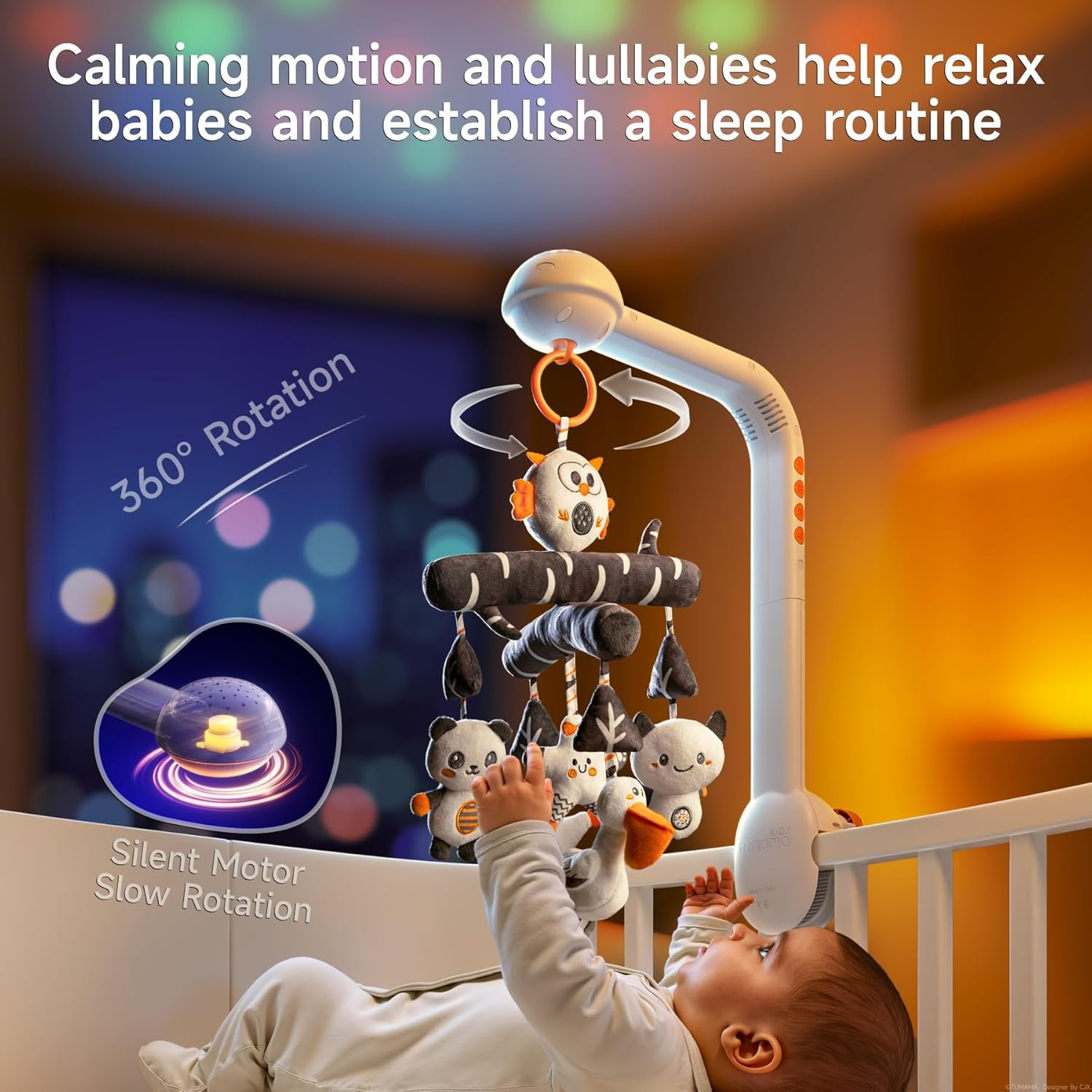 TUMAMA Baby Crib Mobile, High Contrast Toy with Projection Night Light, Music and White Noise,Black and White Soft Plush Animal Hanging Toy for Infant 0 3 6 9 Months Newborn Gift image number 1