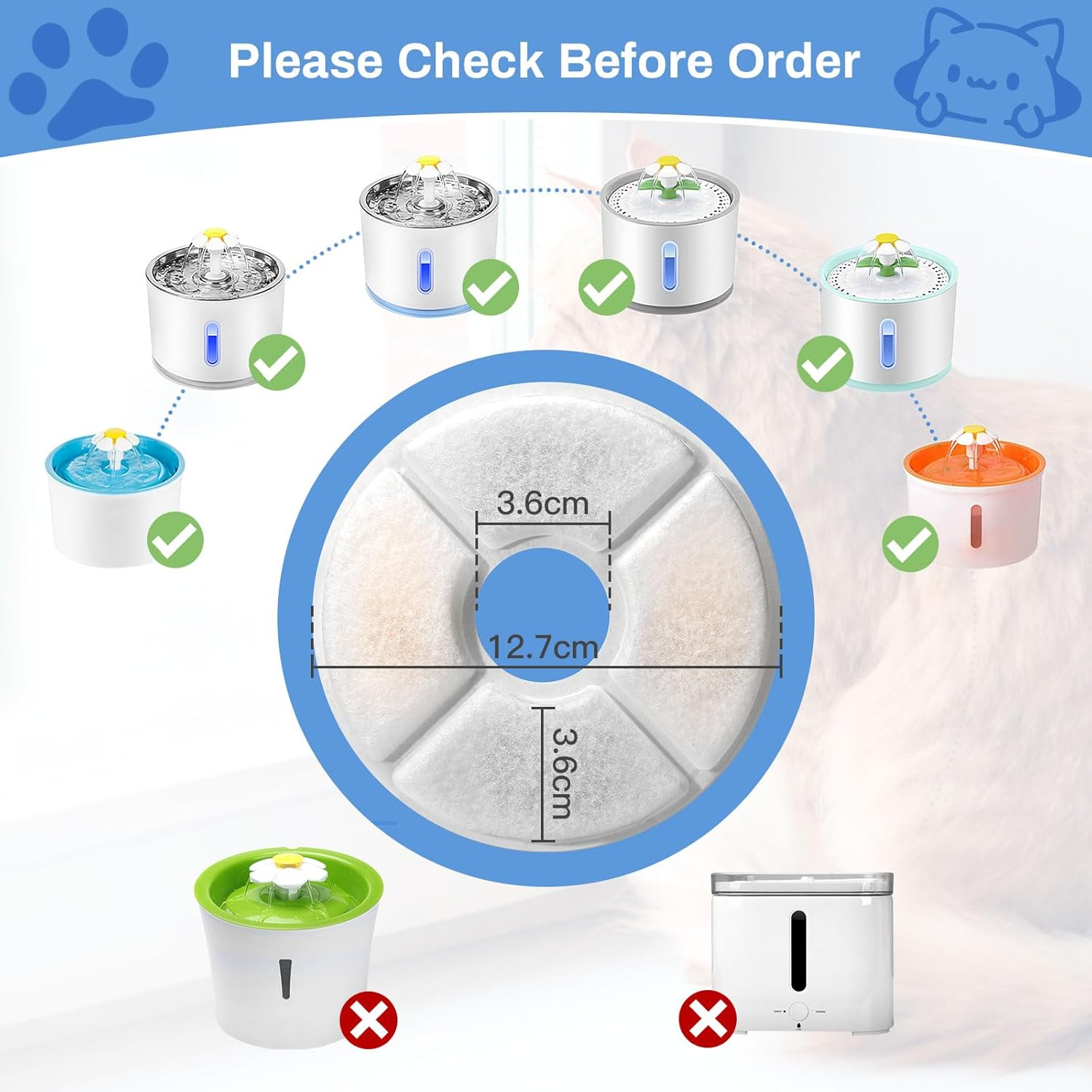 Pack of 6 Cat Fountain Replacement Filters, Feriva Replacement Filter for 2.0-2.5 L Flowers Cat Fountain, Triple Action Pet Water Fountain Filter, Replacement Filter for Drinking Fountain Cats (12.7 image number 5