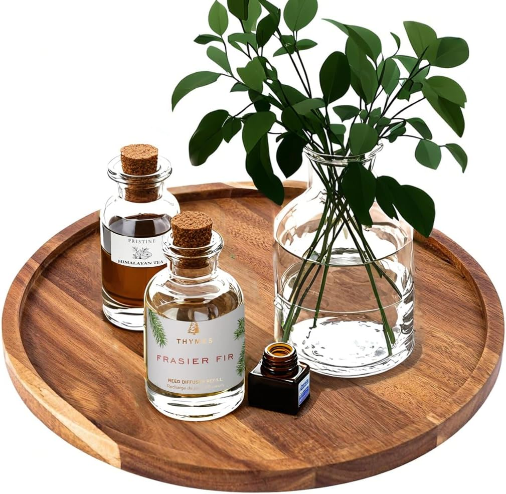 Delsol Decorative round Wooden Tray, Acacia Wood Serving Tray for Farmhouse Kitchen Dining Room Table,Small Candle Holder for Coffee Table Home Deco image number 5