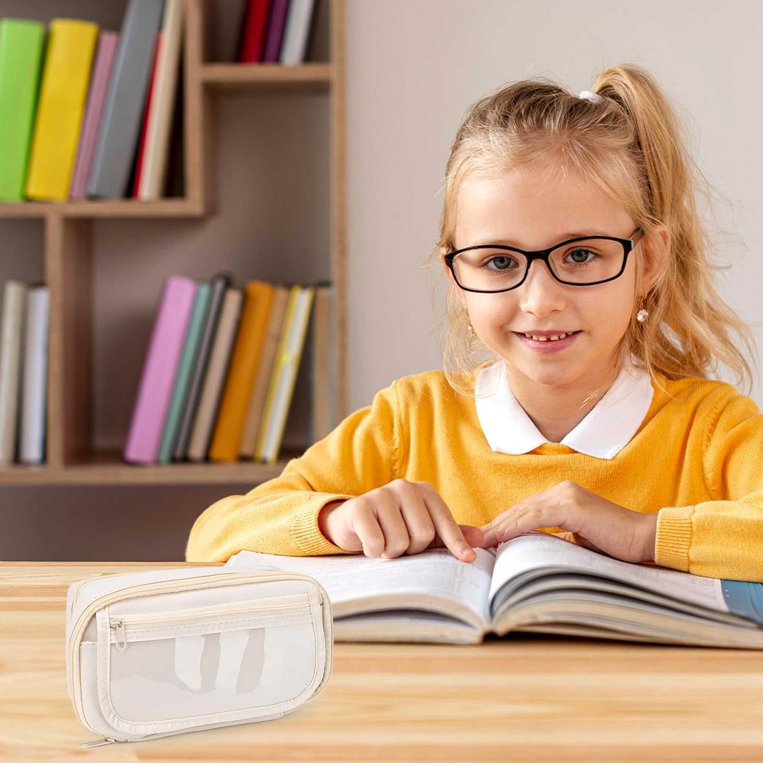 BAYTORY Large Capacity Pencil Case, Aesthetic Back to School Pencil Cases with 4 Compartments, Canvas Pencil Case for Makeup Bag and Stationery Organizer (Beige)