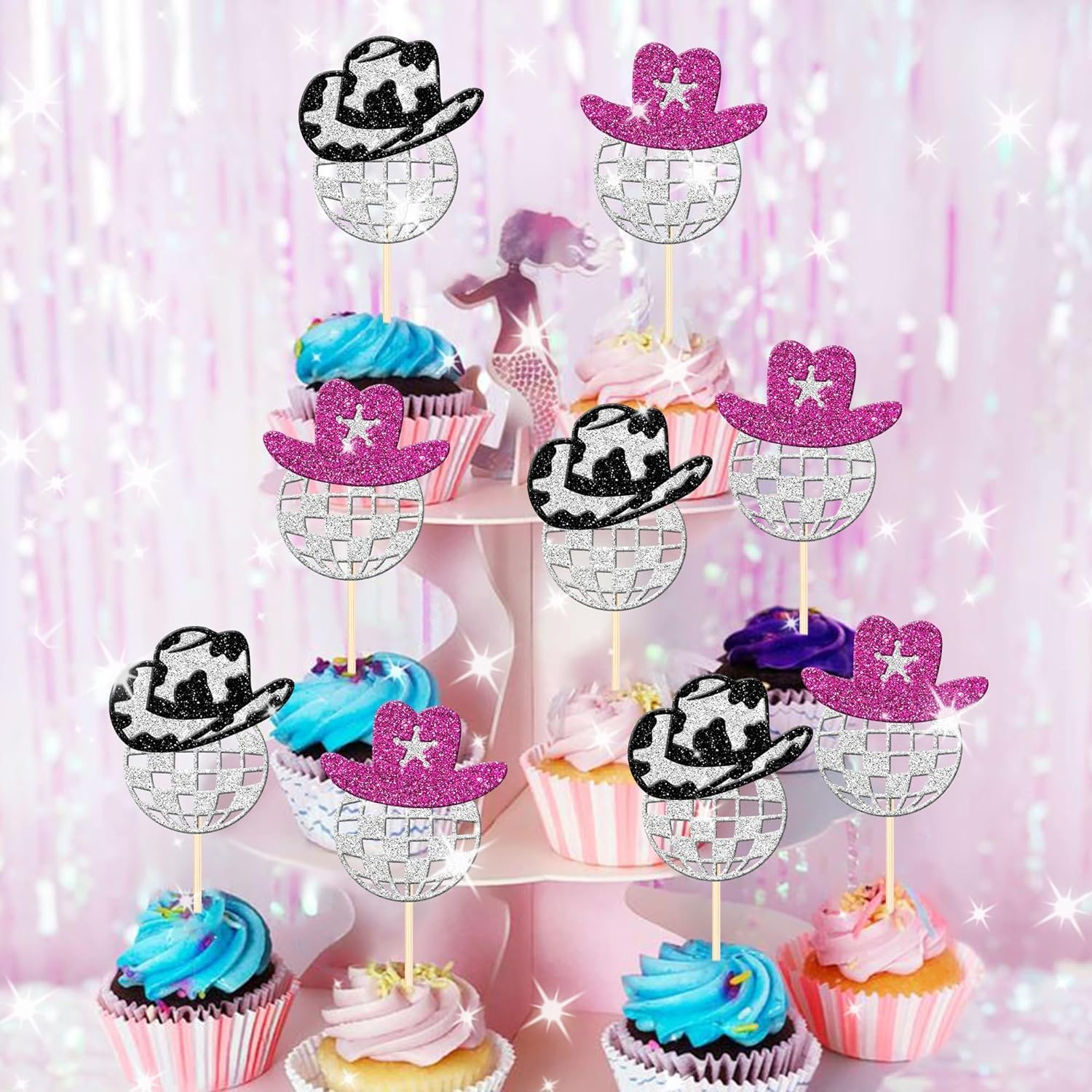 24 Pack Sparkling Disco Ball Cupcake Toppers Western Cowboy Hat Cupcake Picks Cowgirl 70S Disco Balls Cupcake Decorations for 1970S Music Disco Theme Birthday Party Cake Decorations Supplies (#1) image number 2