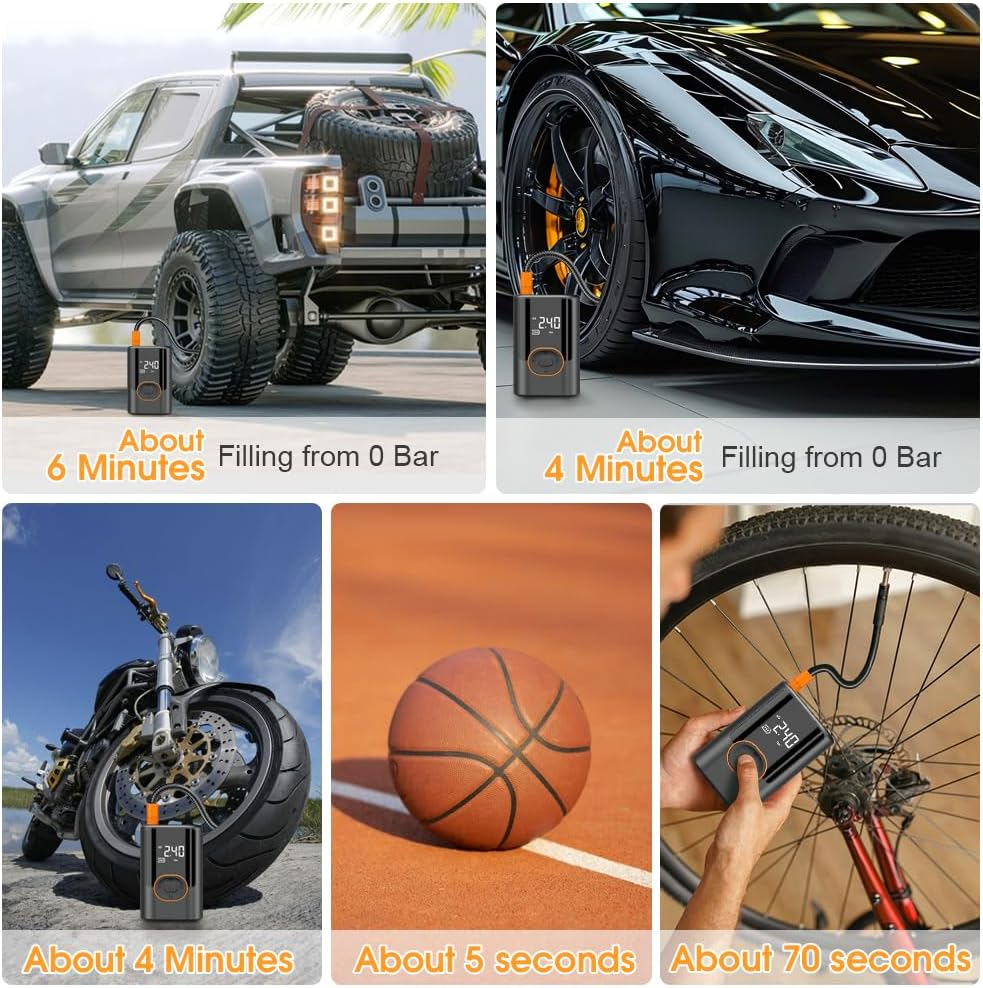 Tire Inflator Portable Air Compressor, 150PSI Cordless Air Pump for Car Tires, 3X Faster Inflate Electric Tire Pumps with Tire Pressure Gauge for Car Bikes Motorcycle Balls, Dual-Use Type