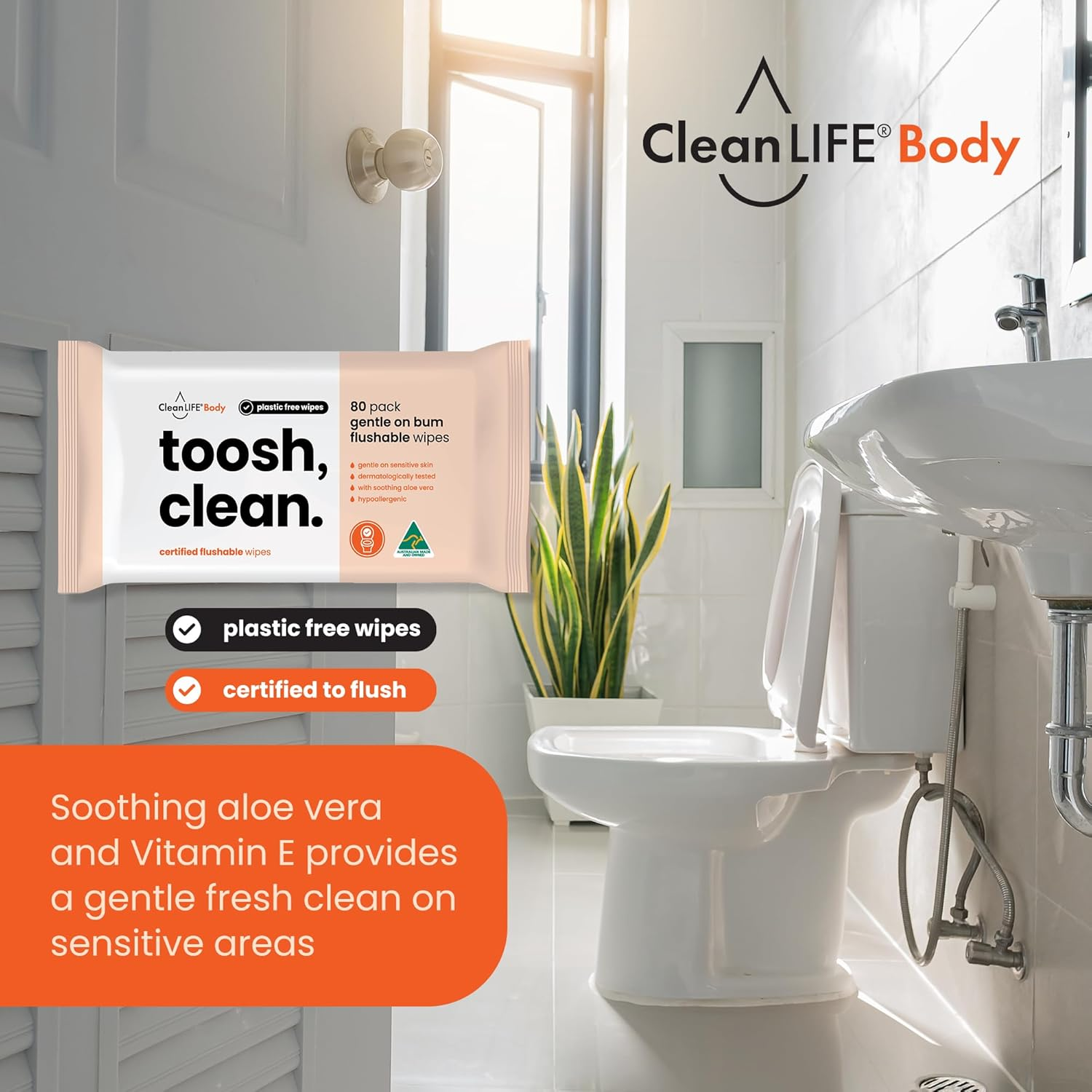 Cleanlife Flushable Wipes &ndash; Toosh, Clean for Sensitive Skin Extra Soft, Aloe Vera & Vitamin E, Hypoallergenic, Dermatologically Tested, 80 Wipes, 8-Pack