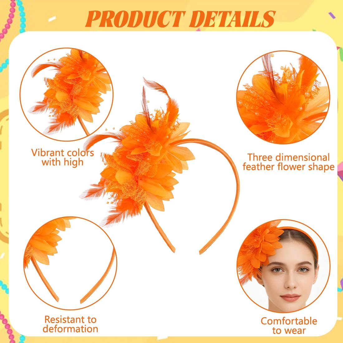 OIXEYA Feather Headband, Costume for Carnival, Feather Headband with Artificial Flowers, 1920S Fascinator Headpiece for Women, for Carnival Party, Cosplay, Wedding (Orange)