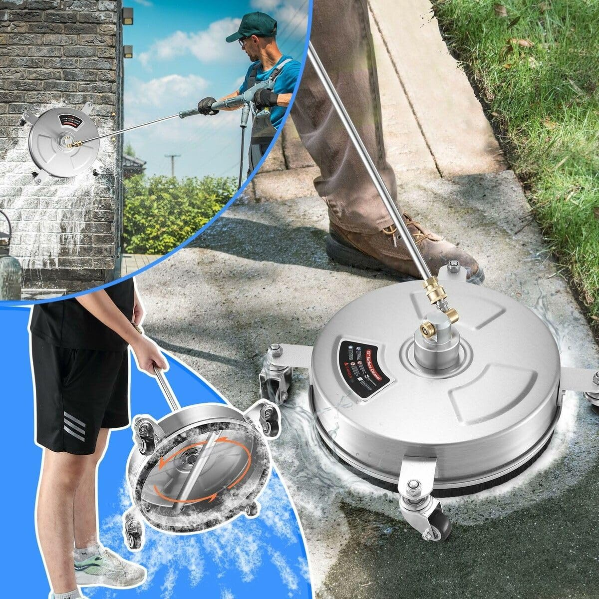AUSWAY 15 Inch High Pressure Washer Surface Cleaner Concrete Driveway Scrubber Wheel Stainless Steel 4000PSI Power Extension Wand 1/4&rdquo; Connector Spray Nozzle image number 1