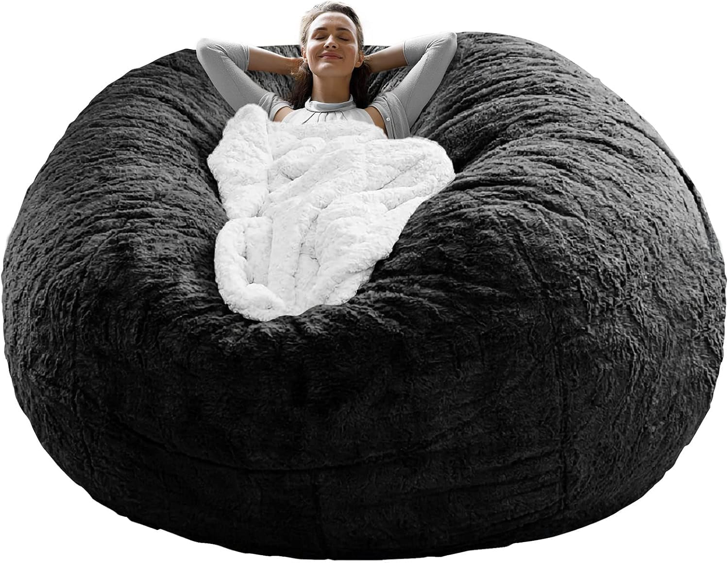 Bean Bag Chair Cover without Filler, Big round Soft Fluffy PV Velvet Washable Bean Bag Lazy Sofa Bed Cover for Adults,Living Room Bedroom Furniture Outside,180X65Cm, Black