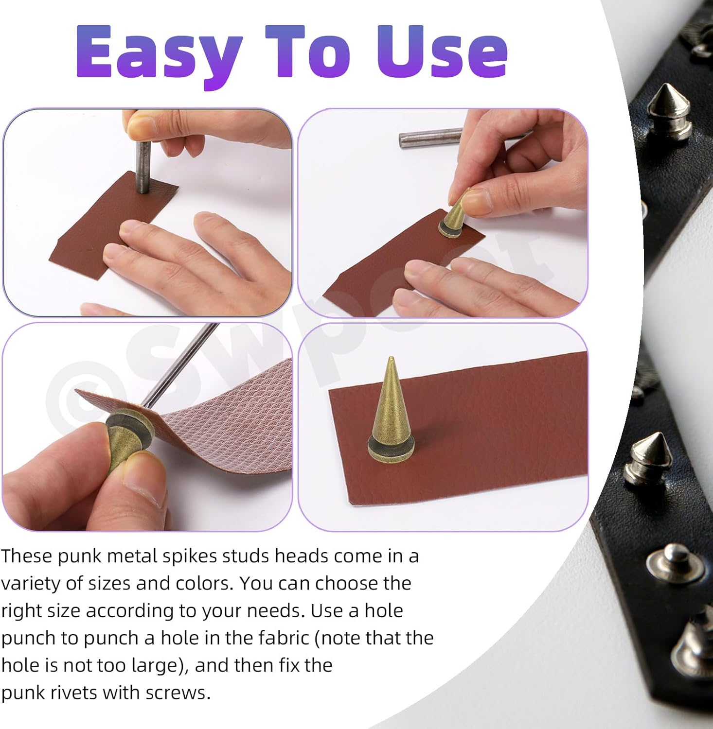 Swpeet 179 Sets 8 Sizes Bronze Cone Spikes with Scratch Awl Screwdriver Punch Assortment Kit, Punk Spikes and Studs Metal Tree Spikes Bullet Spikes Screwback Studs for Punk Clothing Craft DIY image number 5