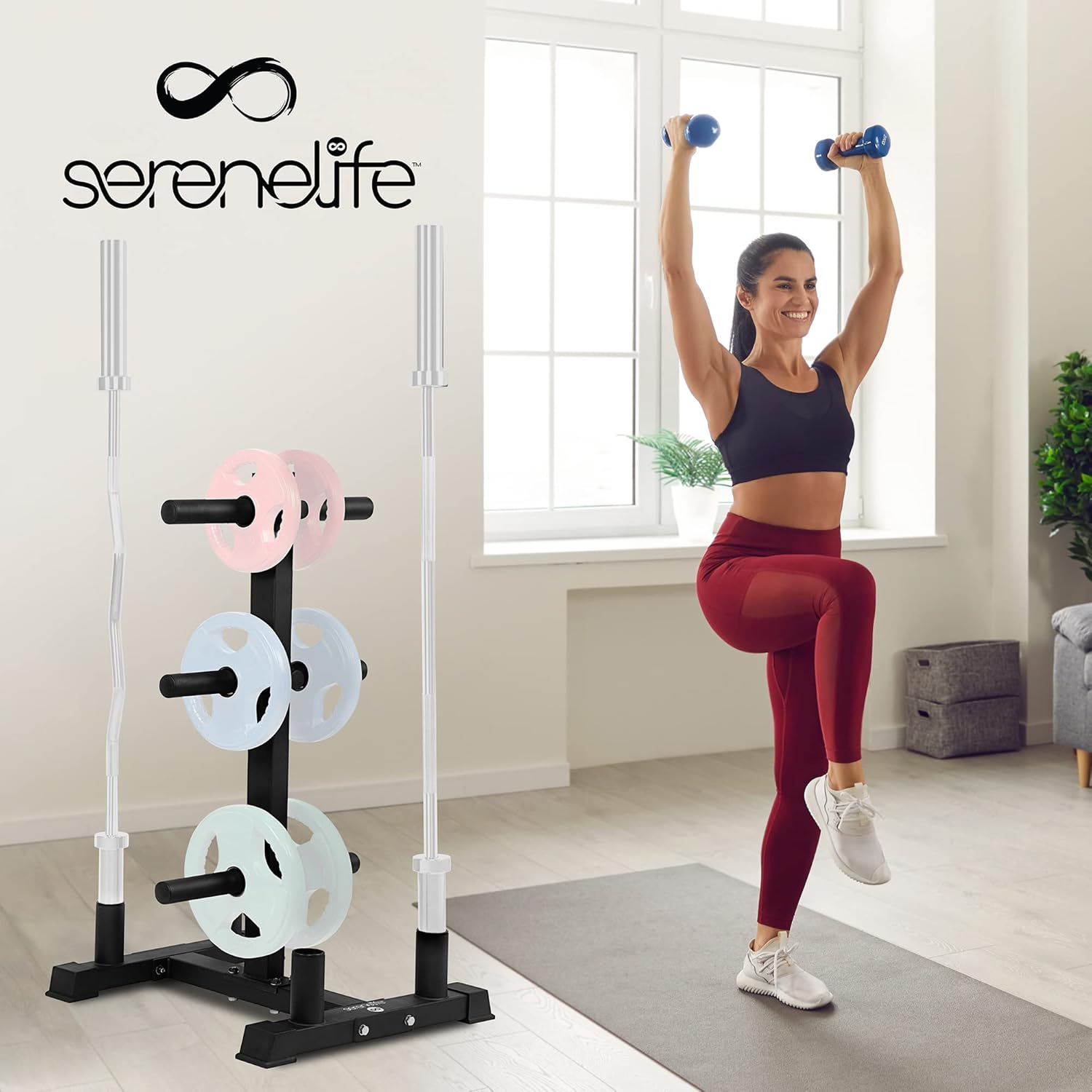 Serenelife 6-Pegs Olympic Weight Plate Rack & 4 Barbells - 363 Kilogram, Capacity, Heavy Duty Gym Organizer, Scratch Resistant Frame, Powder-Coat Finish, Easy to Assemble, Compact & Space-Saving image number 2