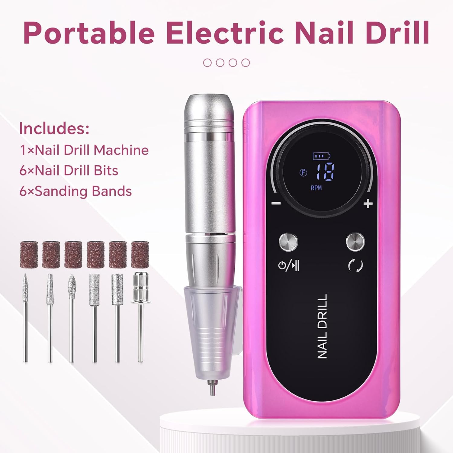 KADS Cordless Electric Nail Drill Machine 45000RPM Rechargeable Electric Nail File for Acrylic Gel Nail Removal Polishing Portable Nail Drill Kit for Nail Salon & Home Manicure Pedicure Tool (Pink) - White image number 6