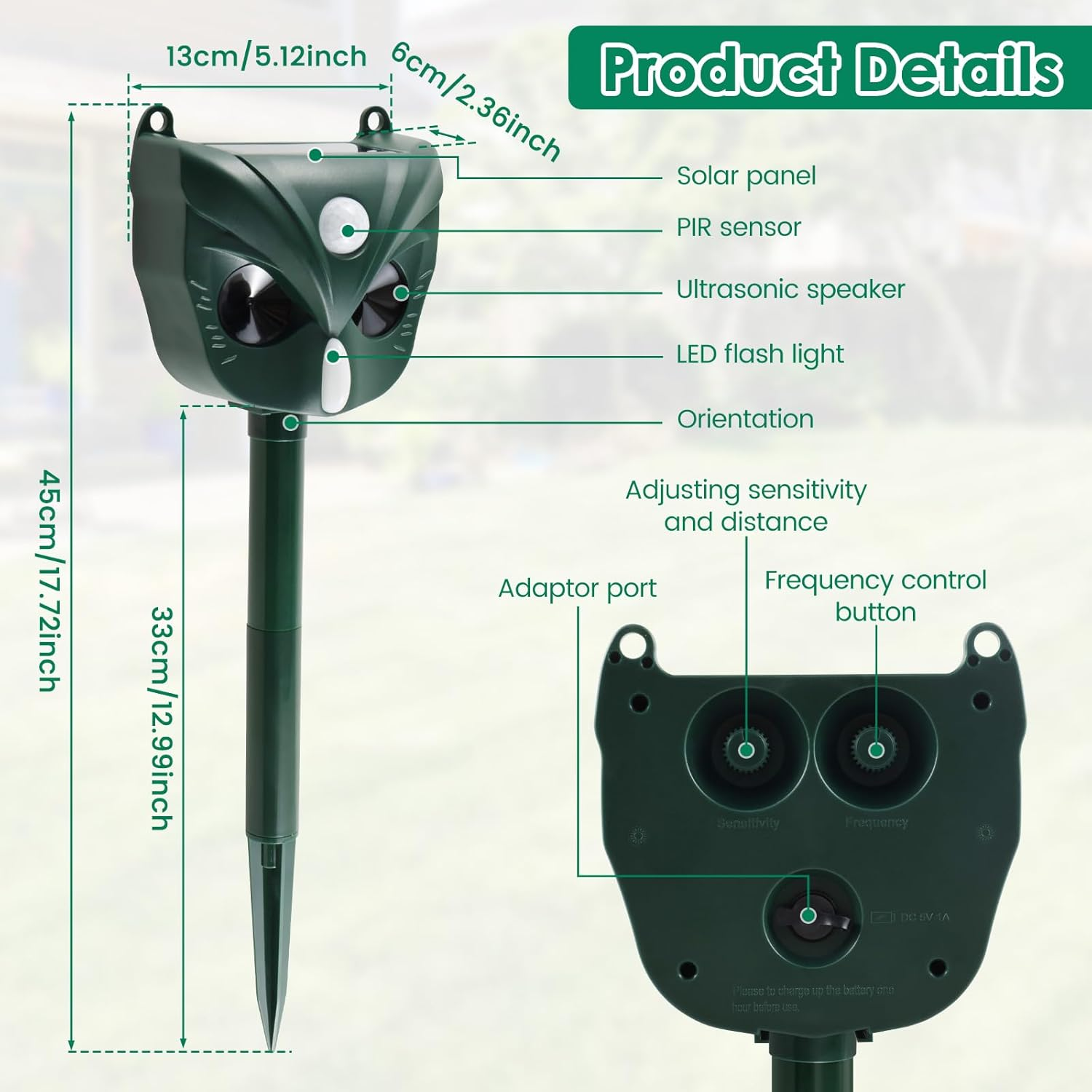 DJAPWPX Ultrasonic Cat Deterrents 5 Sensitivity Modes Solar Cat Repellent 1800Mah Rechargeable Solar Repellent Devices Solar Animals Repeller Humane Outdoor Ultrasonic Repeller for Yard Lawns image number 3