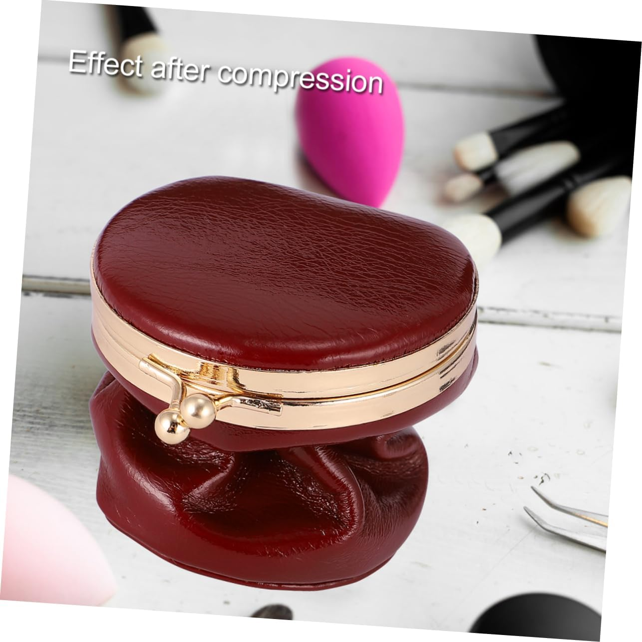 HAKIDZEL 1Pc Mini Retro Leather Makeup Bag with Mirror Portable Fashion Cosmetic Organizer for Daily Use Fits Pockets and Purses Cute Design for Easy Carrying image number 5