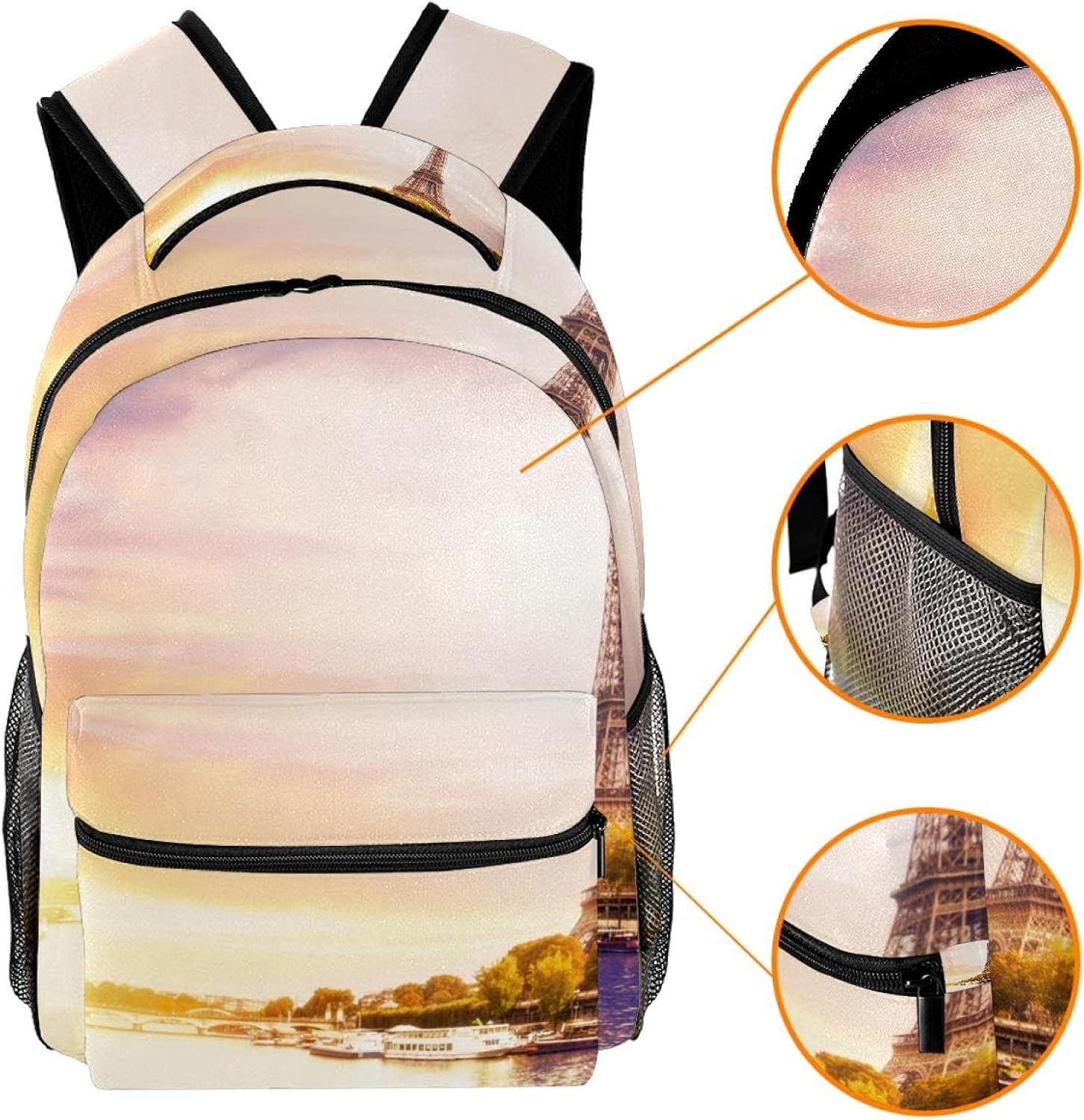Eiffel Tower with Boats on Seine River in Paris Romantic Sunset Background Backpack Students Shoulder Bags Travel Bag College School Tote Backpacks image number 5