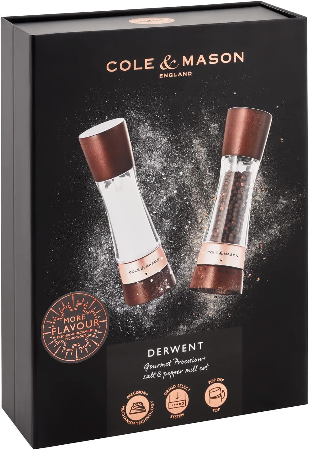 Cole & Mason Derwent Chestnut Rose Gold Salt and Pepper Mills - Gift Set | Precision+ Mechanisms | Beech Wood | Clear Acrylic | 6 Adjustable Grind Settings | Lifetime Mechanism Guarantee | 190Mm