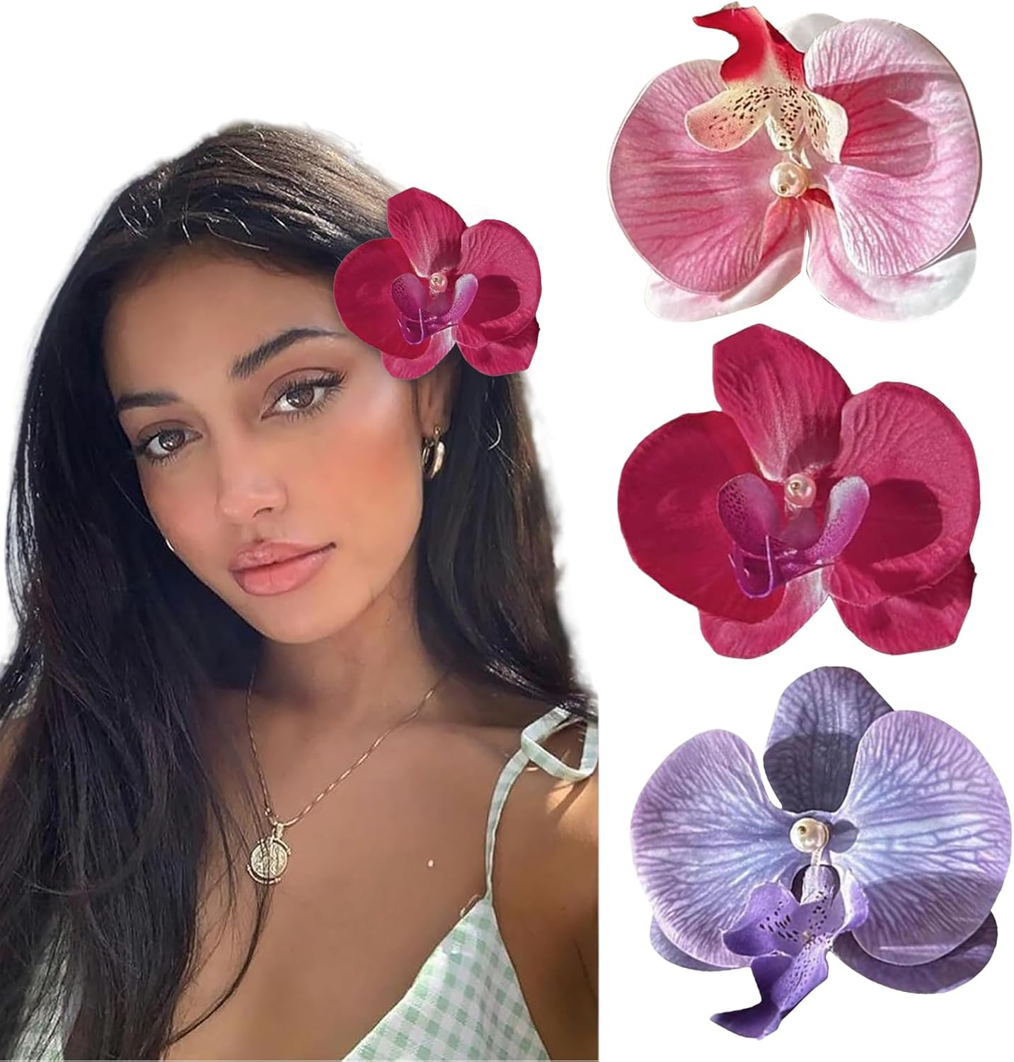 Ruzister 3 Pieces Hawaiian Flower Hair Clips Bohemian Hairpin with Butterfly Orchid Artificial Phalaenopsis Hair Clip for Holiday Seaside image number 6