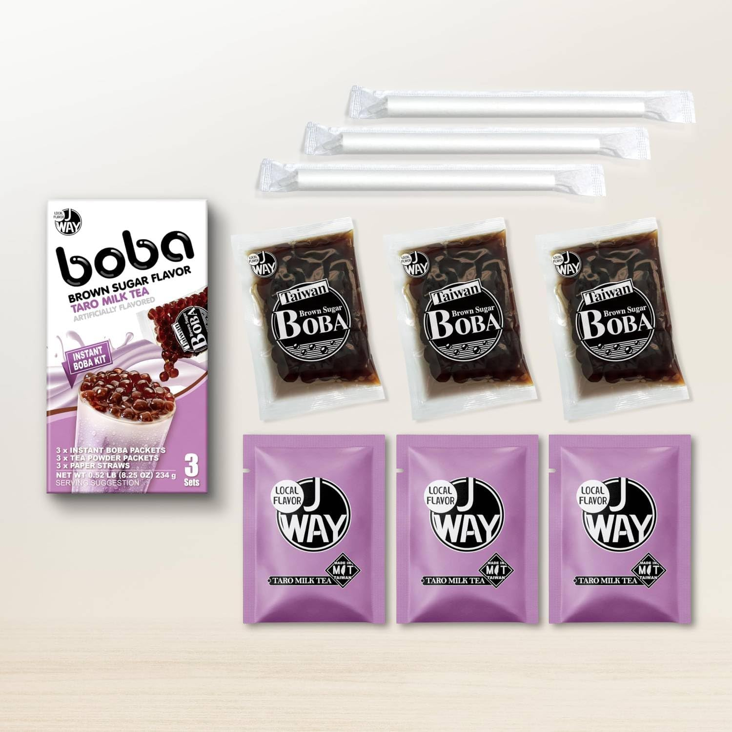 WAY Instant Boba Bubble Pearl Taro Tea Kit with Authentic Brown Sugar Tapioca Boba, Ready in under One Minute, Paper Straws Included - 3 Servings image number 3