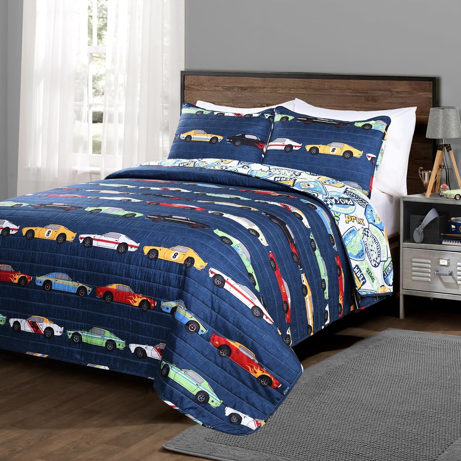 Lush Decor Lush D&eacute;cor Navy Race Car Kids' 2-Piece Quilt, Reversible Bedding Set for Boys (Twin) image number 2