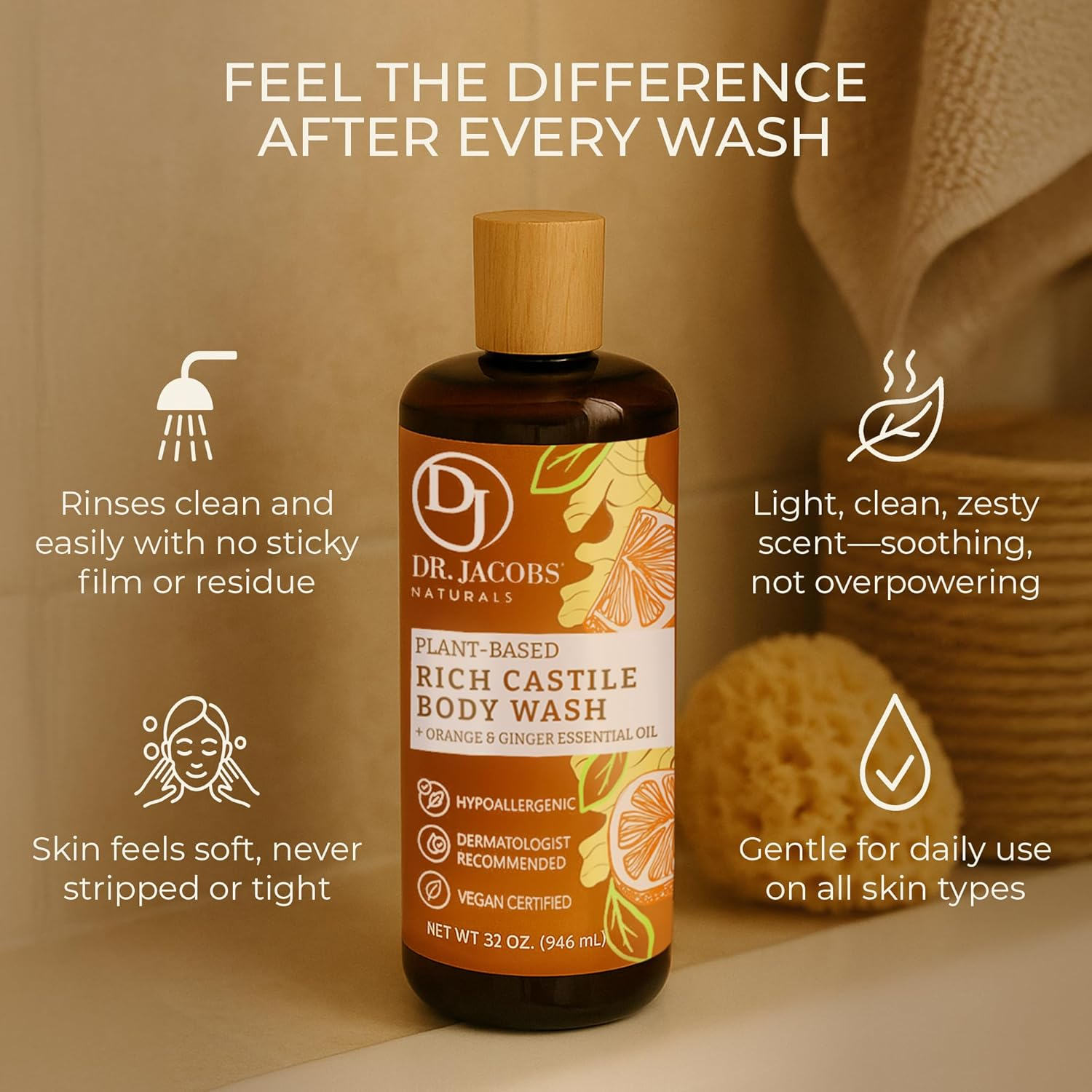 Dr. Jacobs Naturals Pure Castile Soap Liquid Body Wash, Orange & Ginger - All Natural Soap Infused with Vitamin E & Aloe Vera to Moisturize Dry and Sensitive Skin - Made in the USA - 32 Oz, Pack of 1