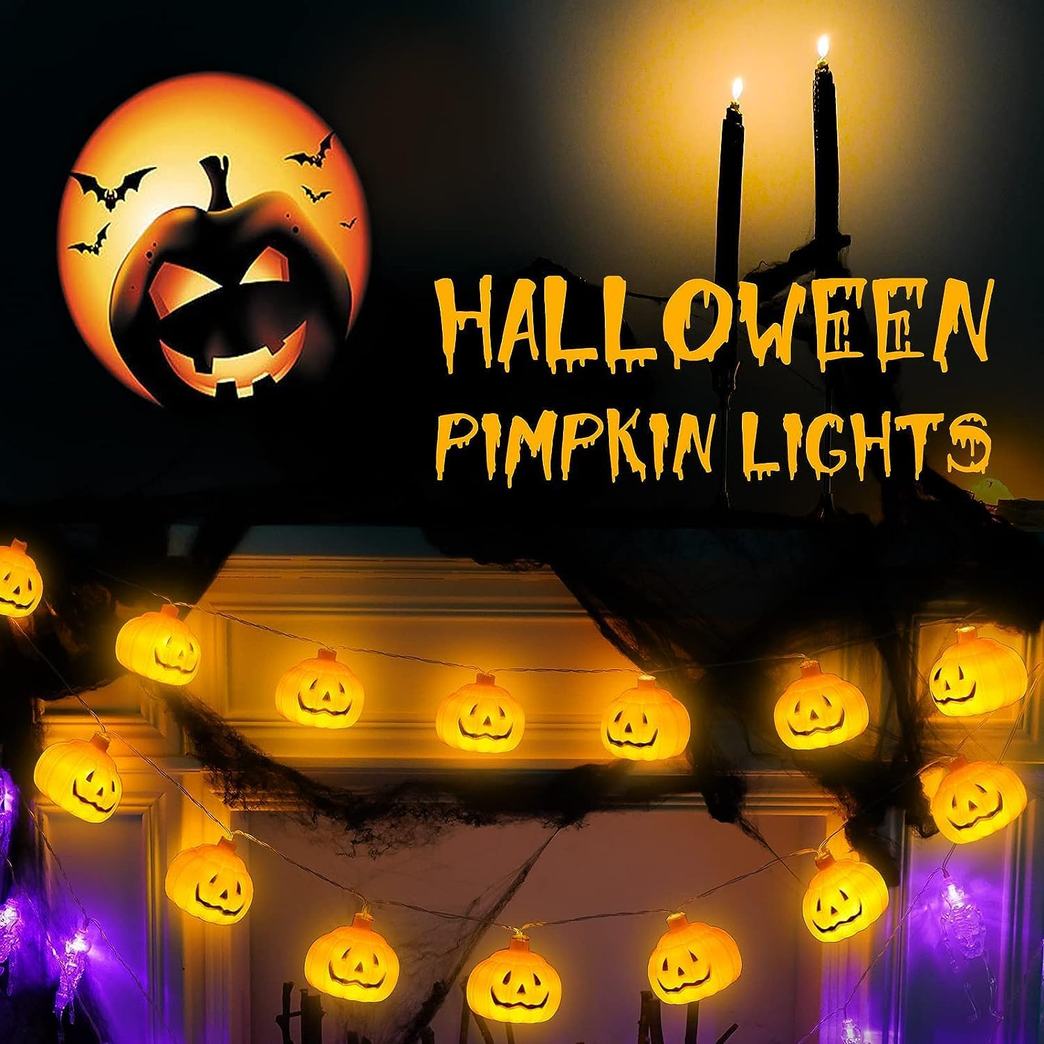 Halloween String Lights, 3M 20 LED Orange Pumpkin Lights with 2 Lighting Modes, Indoor/Outdoor Use, Perfect for Halloween Decorations image number 3