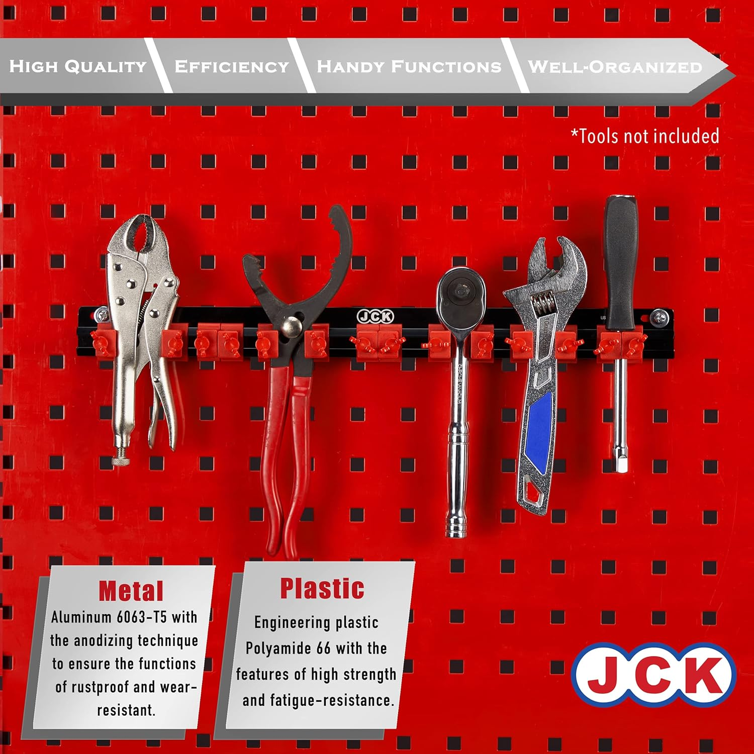 JCK Professional Quality Aluminum Multi-Purpose Tool Organizer Red Clips & Black Aluminum Rack Organize Various Tools, Such as Screwdrivers, Hammer, Rachets with Moveable Screw-Locking Secure Clips image number 5