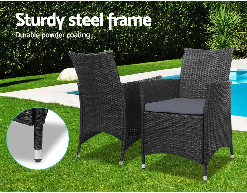 Gardeon 3Pcs Wicker Patio Furniture, Bistro Set Table and Chairs Outdoor Lounge Setting Conversation Sets Dining Chair Garden Backyard, Cushion with Rattan Coffee Table Black Glass Tabletop image number 6