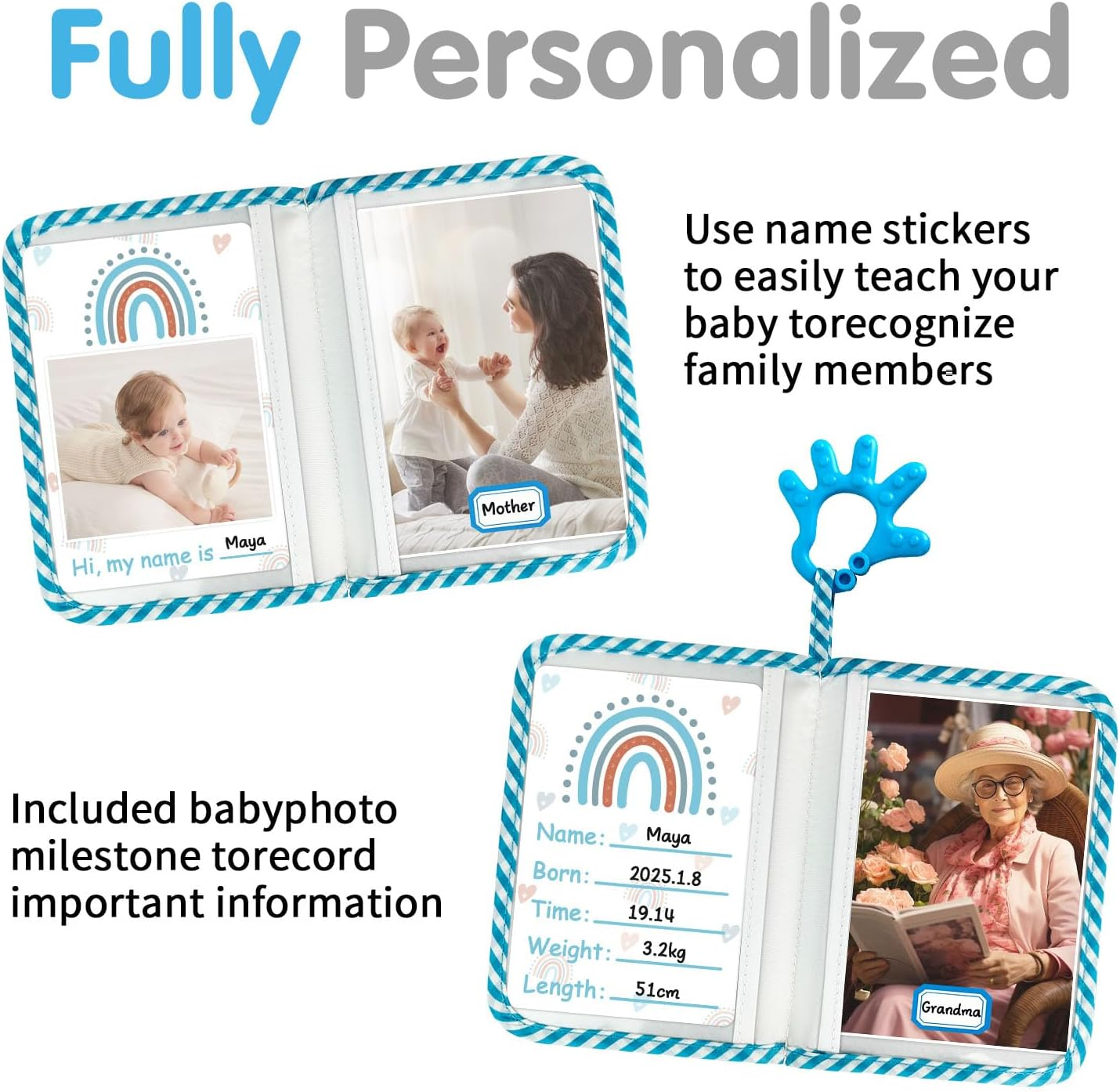 BOHEMIABY Baby Photo Album, My First Soft Photo Book Accommodates 4X6 Photos, Photo Albums with Milestones, Safety Mirror First Birthday (Blue Palms)