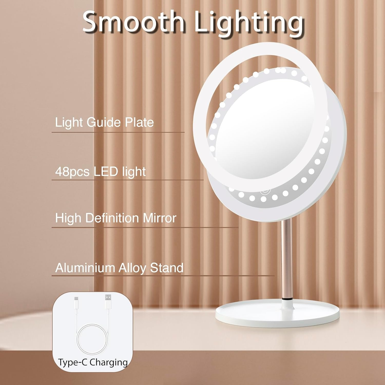 YEAKE Lighted Makeup Mirror,8.5'' Large Rechargeable Vanity Mirror with 3 Color Lights,Dimmable Touch Screen, Brightness Adjustable Desk Tabletop Mirror,Portable Table Cosmetic Mirror for Travelling image number 3