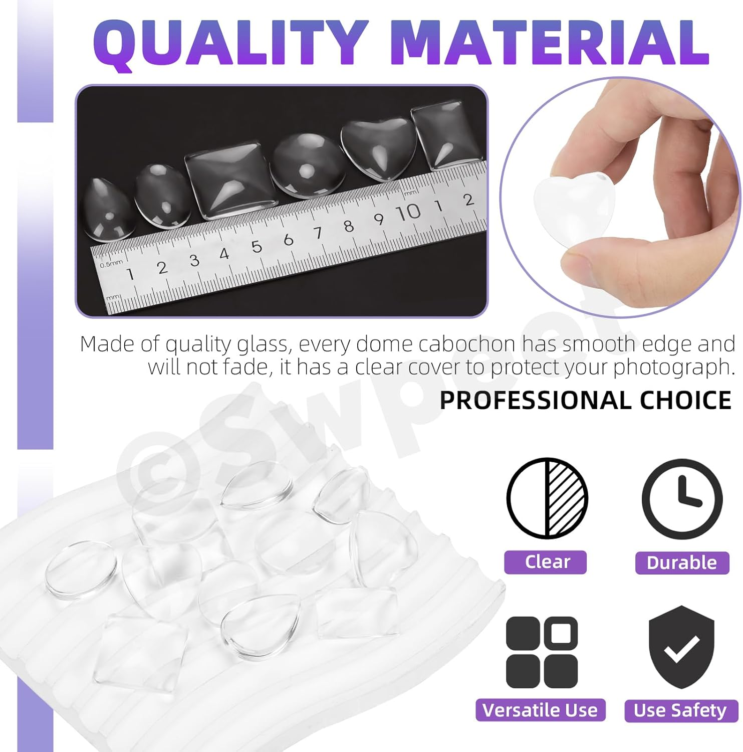 Swpeet 90Pcs 25Mm 6 Styles Round/Square/Rectangle/Heart/Oval/Teardrop Transparent Glass Dome Cabochons Tiles Assortment Kit, Clear Glass Cabochons Tiles for Photo Pendant Necklace Jewelry Making Craft image number 1