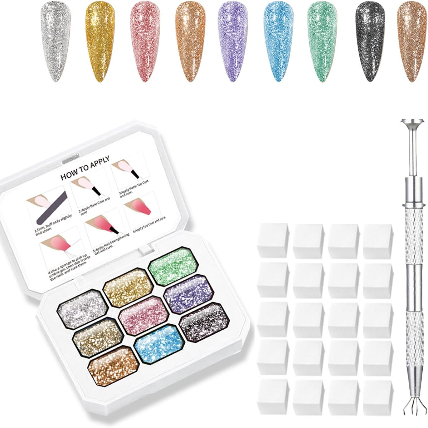 SULLMAR Colorful Ombre Gel Set with 4 Brilliant Colors with 100Pcs Nail Sponges & Grabbing Pen Ombre Nail Polish Glitter and Eye-Catching for Women Essential Nail Art Tool (B11)
