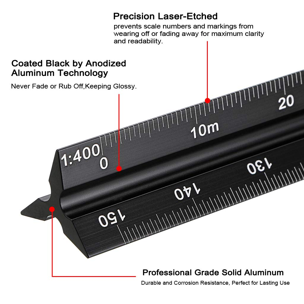 Ownmy 30CM Solid Aluminum Metric Triangular Architect Scale Ruler Set, Architectural and Engineer Scale Ruler Set Professional Laser Etched Scales Drafting Rulers for Blueprints and Civil Engineering image number 3