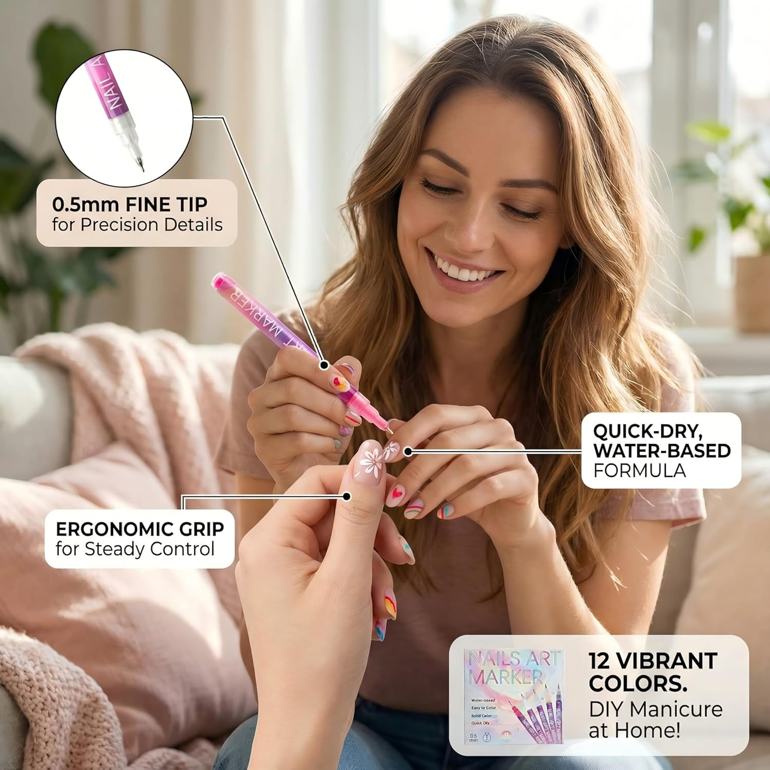 12 Colors Nail Art Pens Set, 3D Quick-Dry 0.5MM Nail Polish Pens, 2025 DIY Nail Art Marker Graffiti Dotting Pen for Nails Art Design Manicure Nail DIY Decoration