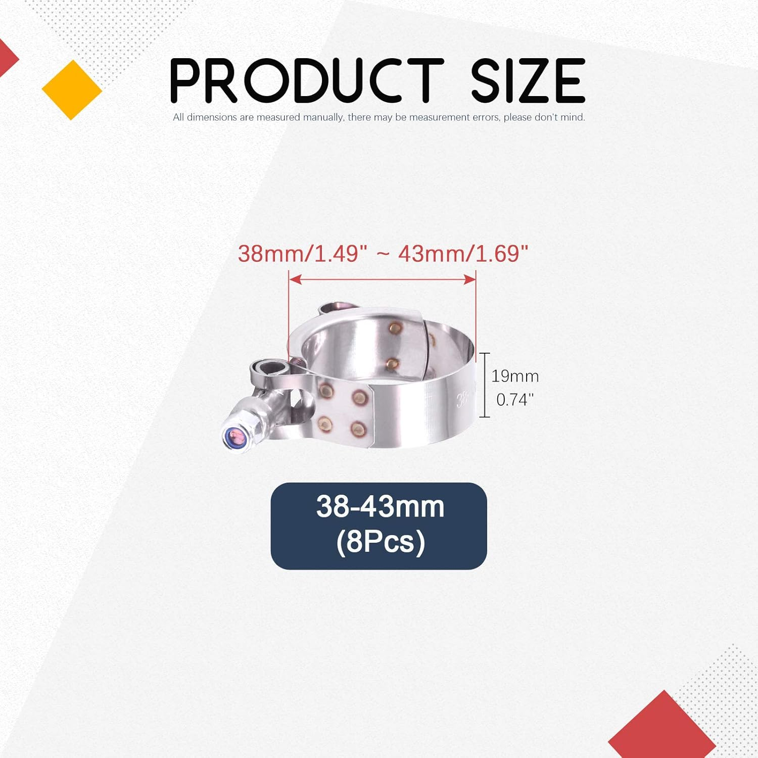 Hilitchi 8Pcs Stainless Steel T-Bolt Clamps with Rounded Band Edges Heavy Duty Turbo Intake Intercooler Clamp (38-43MM) for 1 3/16 Inch image number 3