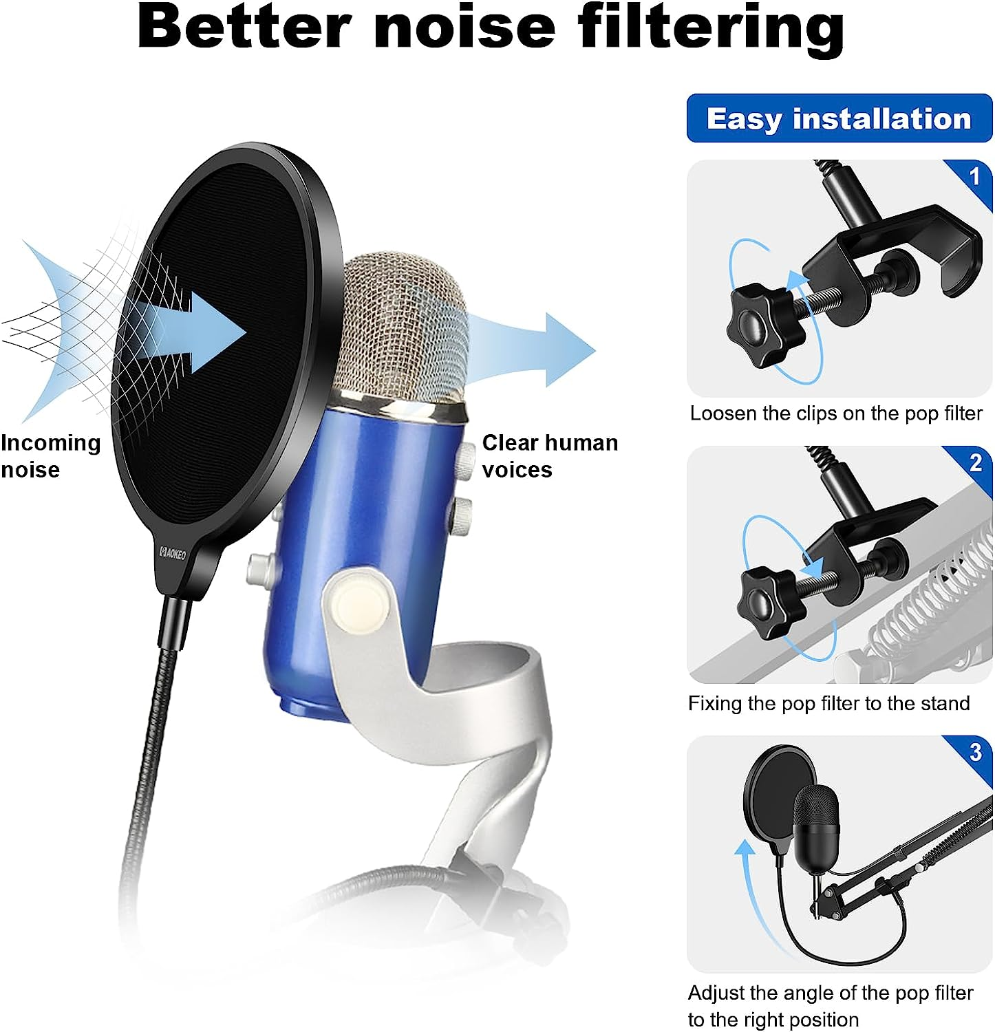 Aokeo Professional Microphone Pop Filter Mask Shield for Blue Yeti and Any Other Microphone, Mic Dual Layered Wind Pop Screen with a Flexible 360&deg; Gooseneck Clip Stabilizing Arm image number 2