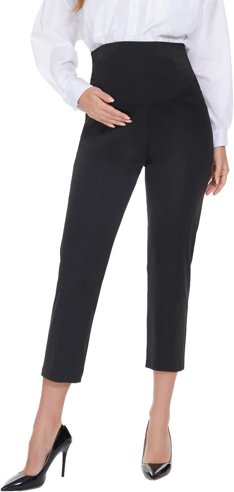 Hi Clasmix 7/8 Maternity Work Pants Comfy Loose Stretch Over-Bump-Casual Workout Pregnancy Capri Yoga Pants(Black,Medium) image number 4