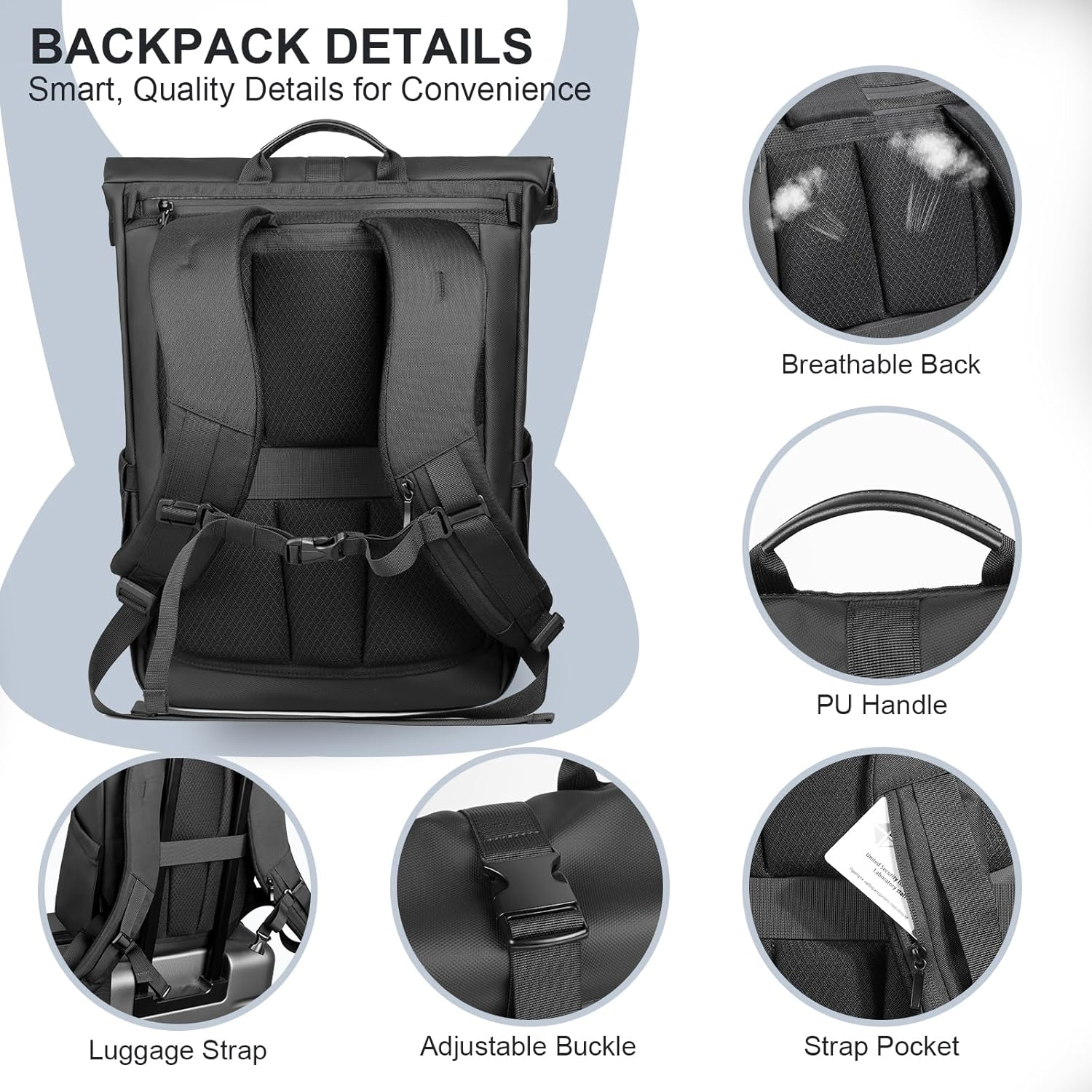 HEROIC KNIGHT Rolltop Laptop Backpack, Water-Resistant Bussiness Travel Backpack for Men Women, Expandable 20-27L Casual Daypack for 15.6 Inch Computer, Work Bag for Commute/College/Hiking,Black image number 5