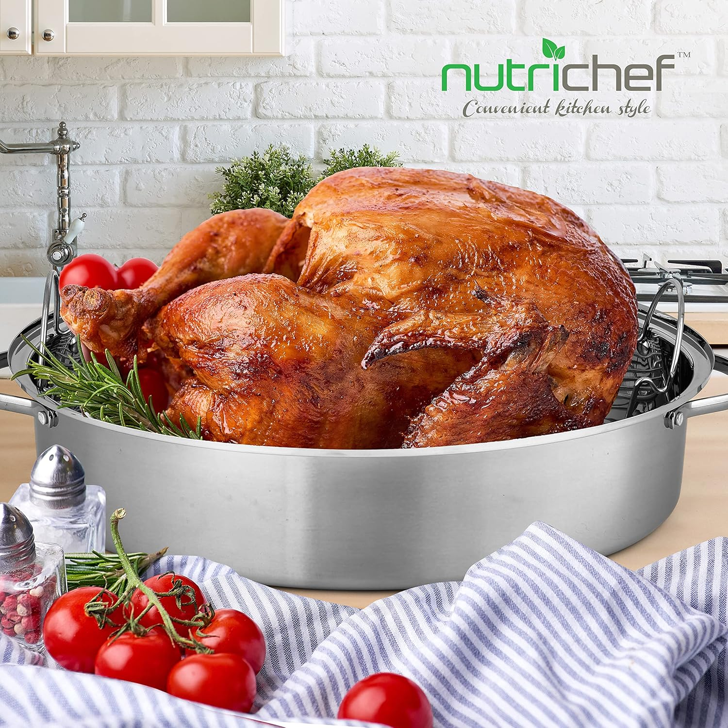 Nutrichef 20" Oval Roasting Pan with Rack and Lid - Premium Stainless Steel Roaster Dish W/Wide Handles & Removable Rack, Multi-Use Cookware for Turkey, Chicken, Stews, & More - Dishwasher Safe image number 5
