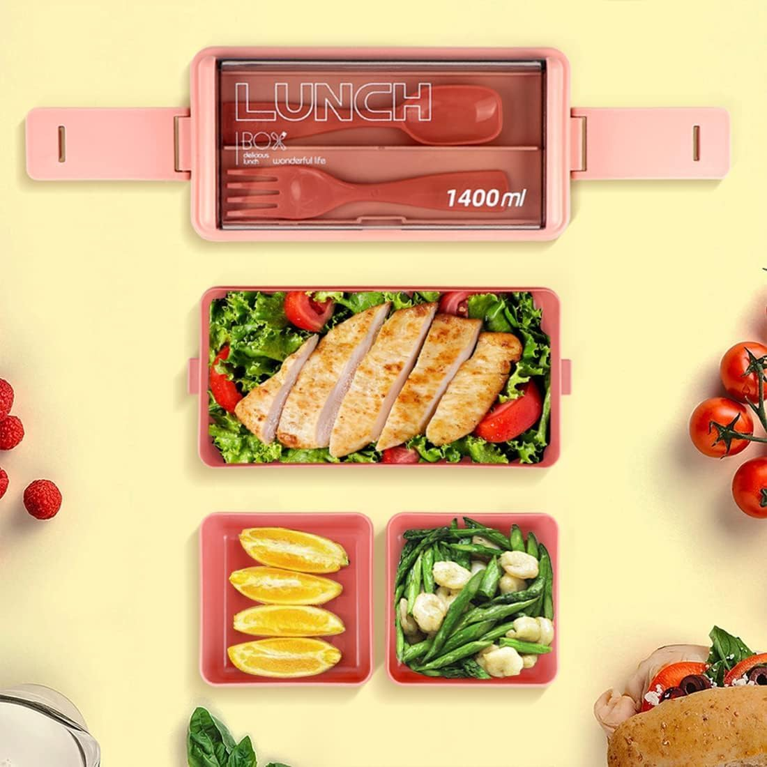 Lunch Box Stackable, 1400Ml Bento Box with Spoon Fork, Leak Proof 2 Layer Boxes with 3 Removable Compartments and Cutlery, for Adults Kids Office Microwave Dishwasher Safe Available (Pink) image number 2